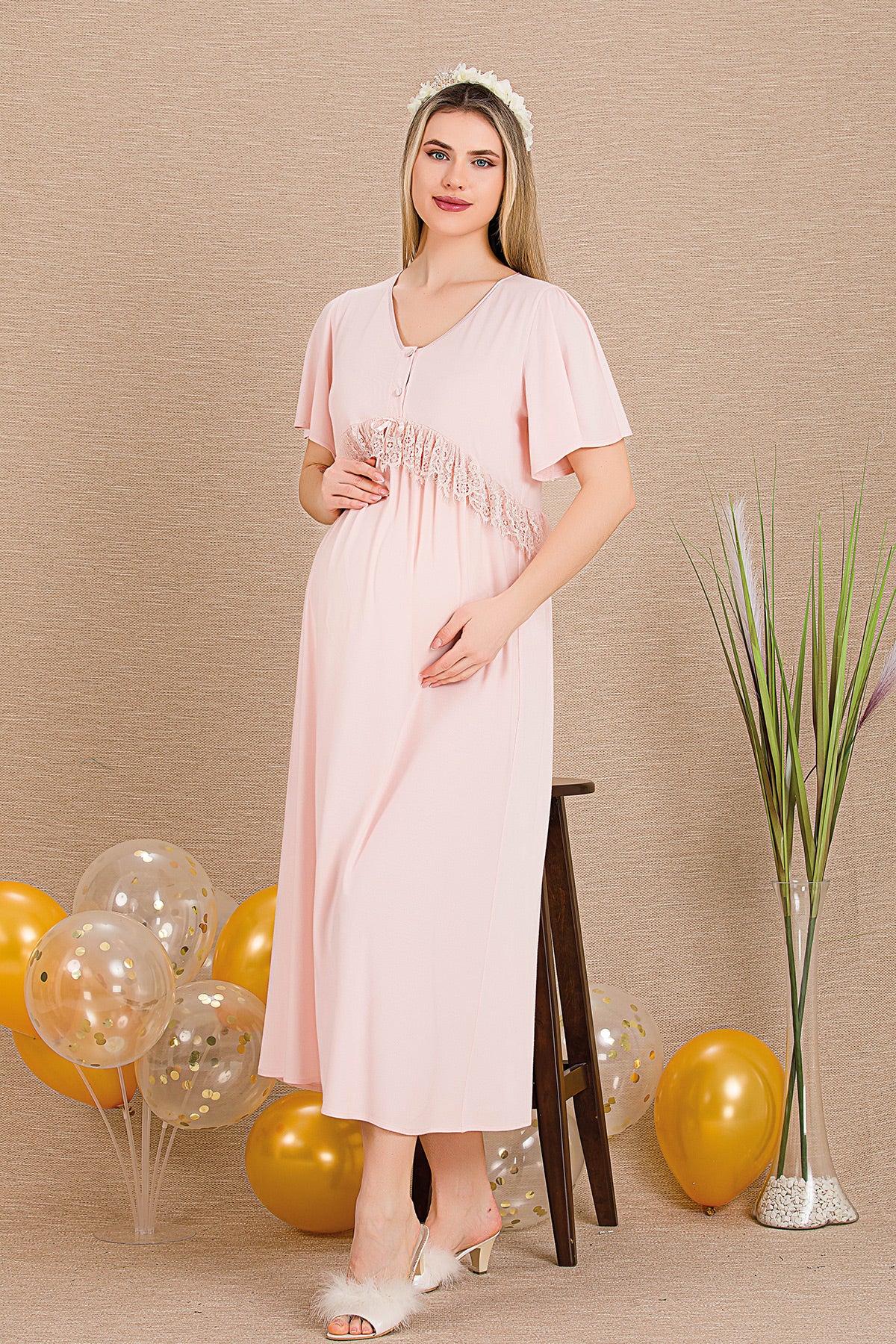 Lacy Panel Maternity Feeding-Friendly Nightgown & Robe Set Pink - Y33500