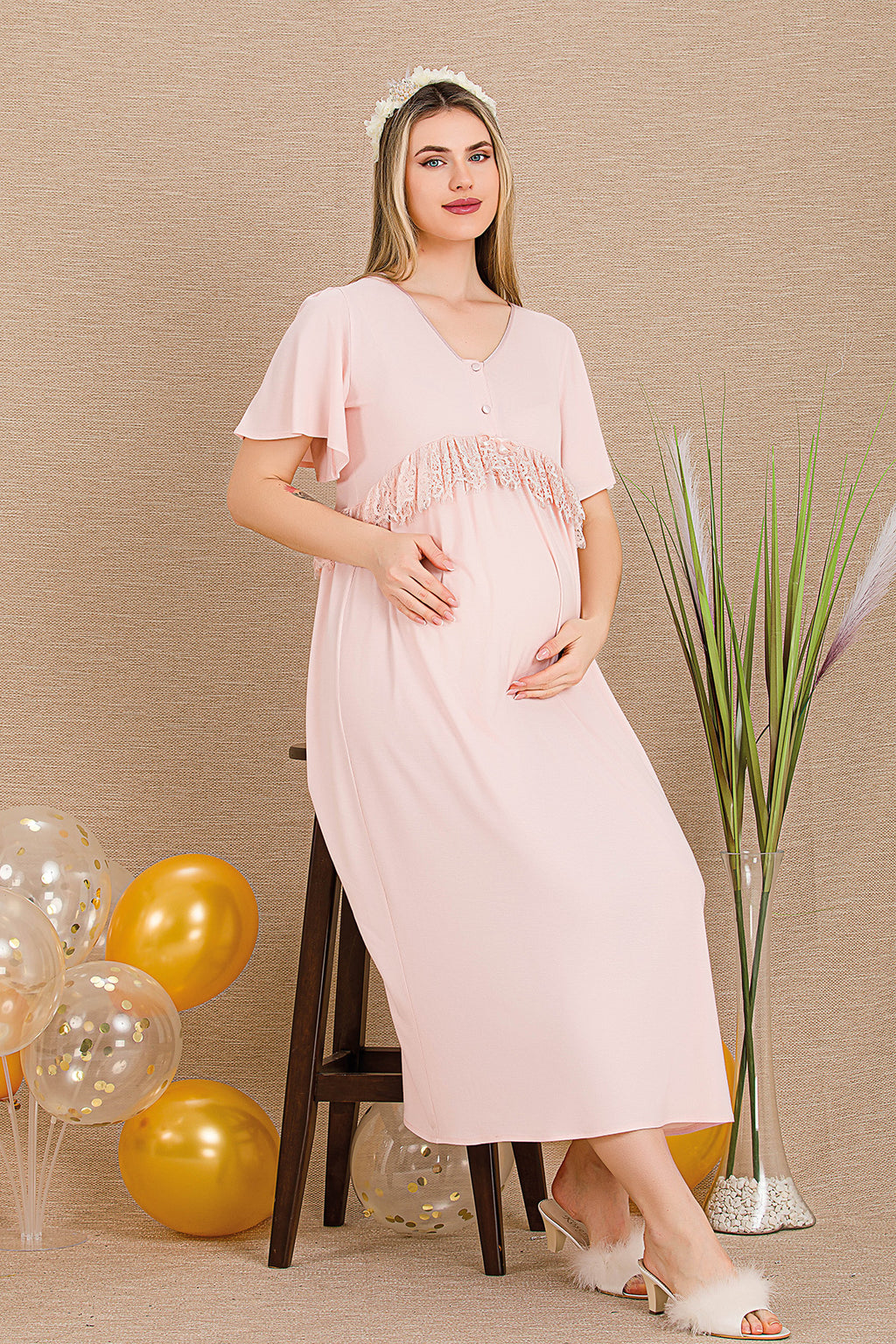 Lacy Panel Maternity Feeding-Friendly Nightgown Pink - Y33401