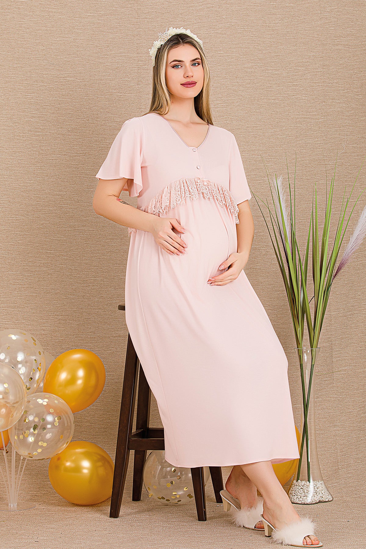 Lacy Panel Maternity Feeding-Friendly Nightgown & Robe Set Pink - Y33500