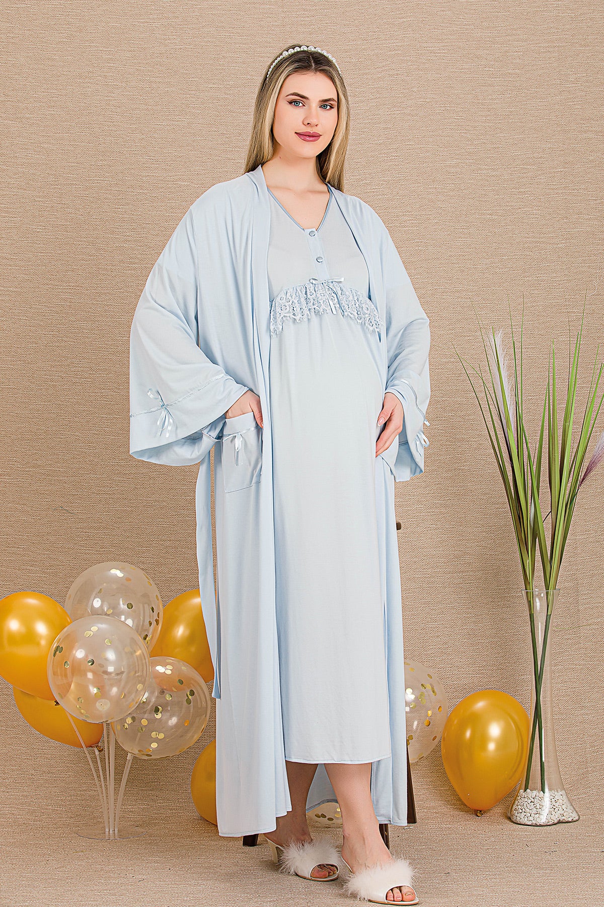 Lacy Panel Maternity Feeding-Friendly Nightgown & Robe Set Blue - Y33500