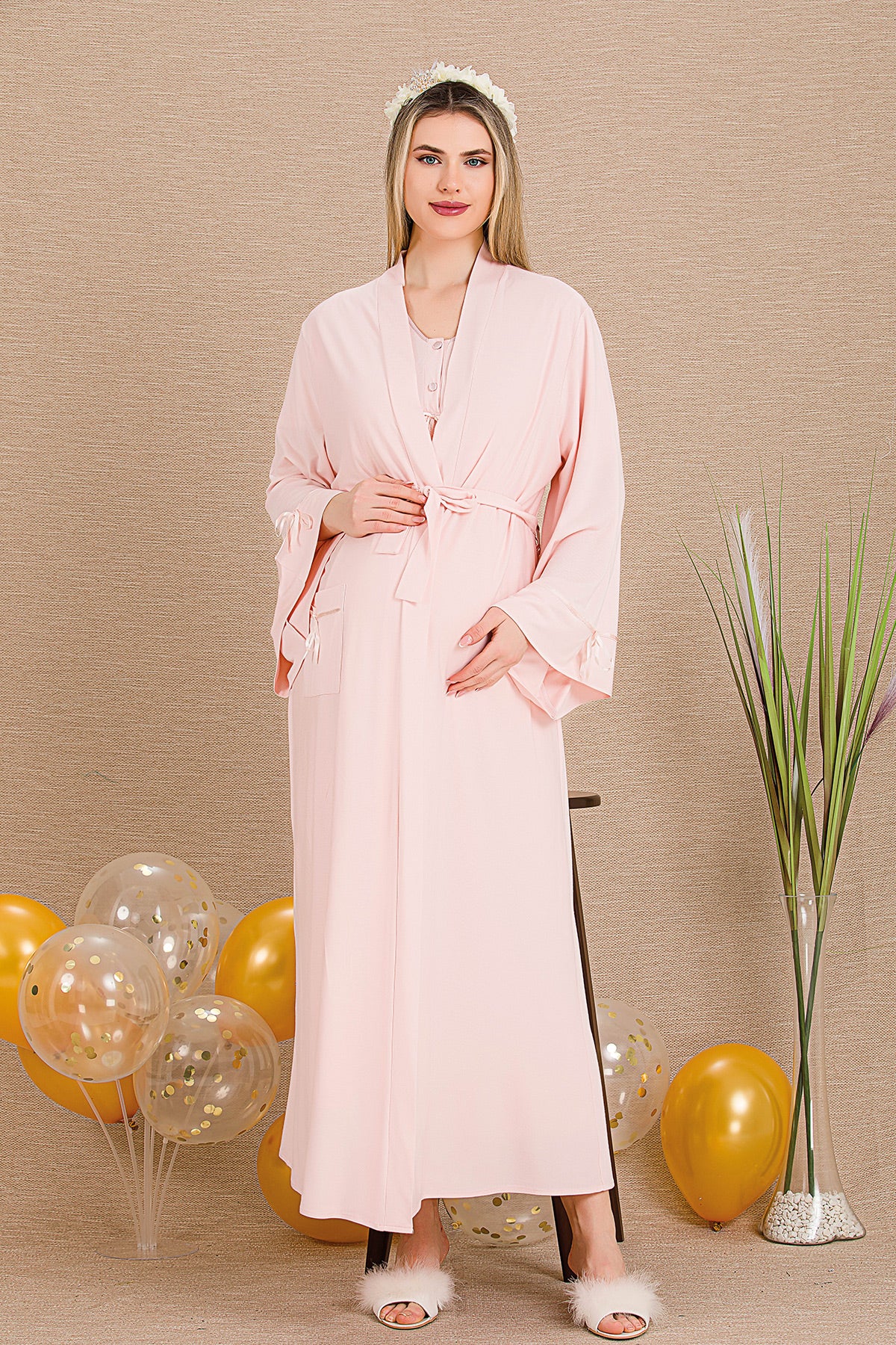 Lacy Panel Maternity Feeding-Friendly Nightgown & Robe Set Pink - Y33500
