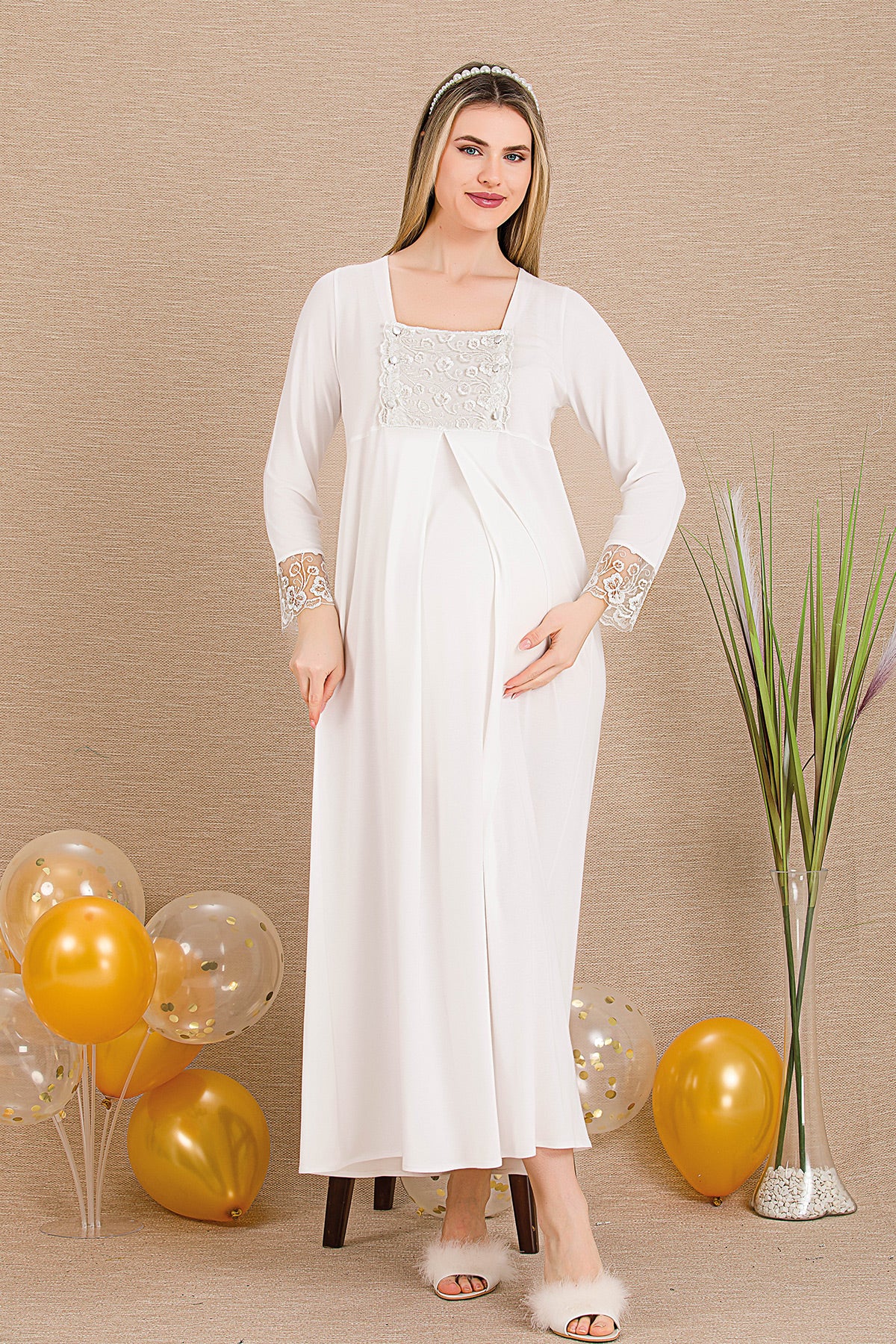 Elegant Lace Embroidered Maternity Feeding-Friendly Nightgown & Robe Set Ecru - Y33501