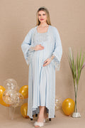 Elegant Lace Embroidered Maternity Feeding-Friendly Nightgown & Robe Set Blue - Y33501