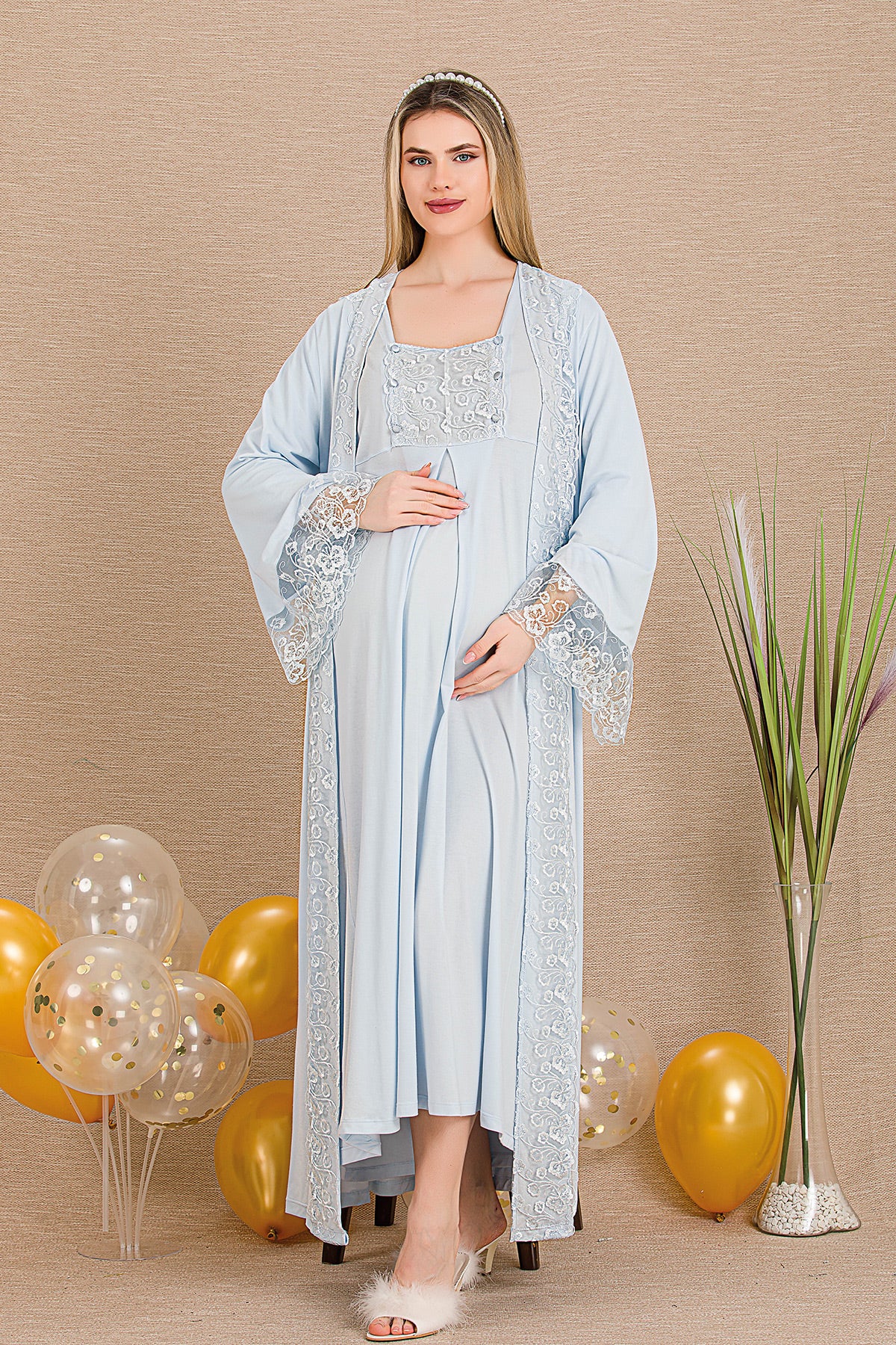 Elegant Lace Embroidered 4-Piece Maternity Feeding-Friendly Set Blue - Y501203