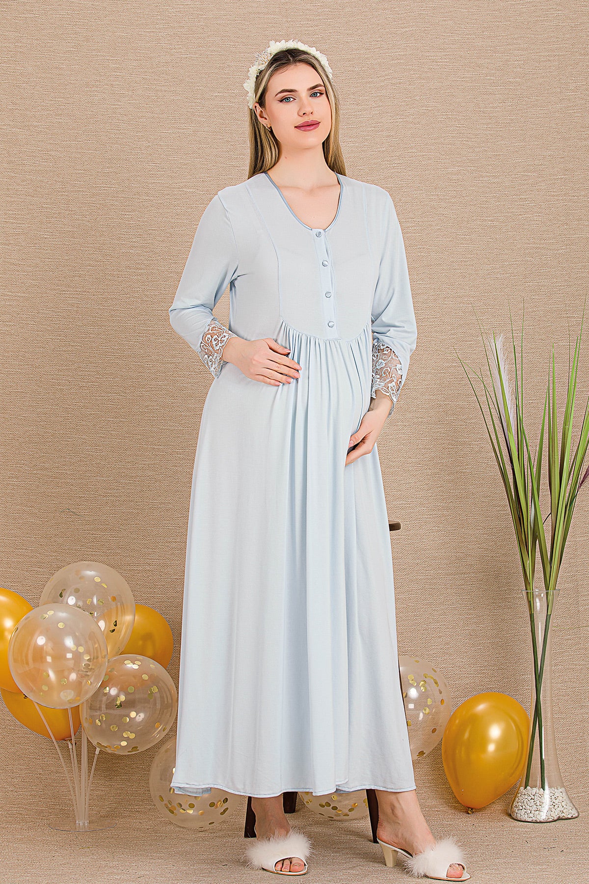 Lace Sleeve Maternity Feeding-Friendly Nightgown & Lace Detailed Robe Set Blue - Y33503