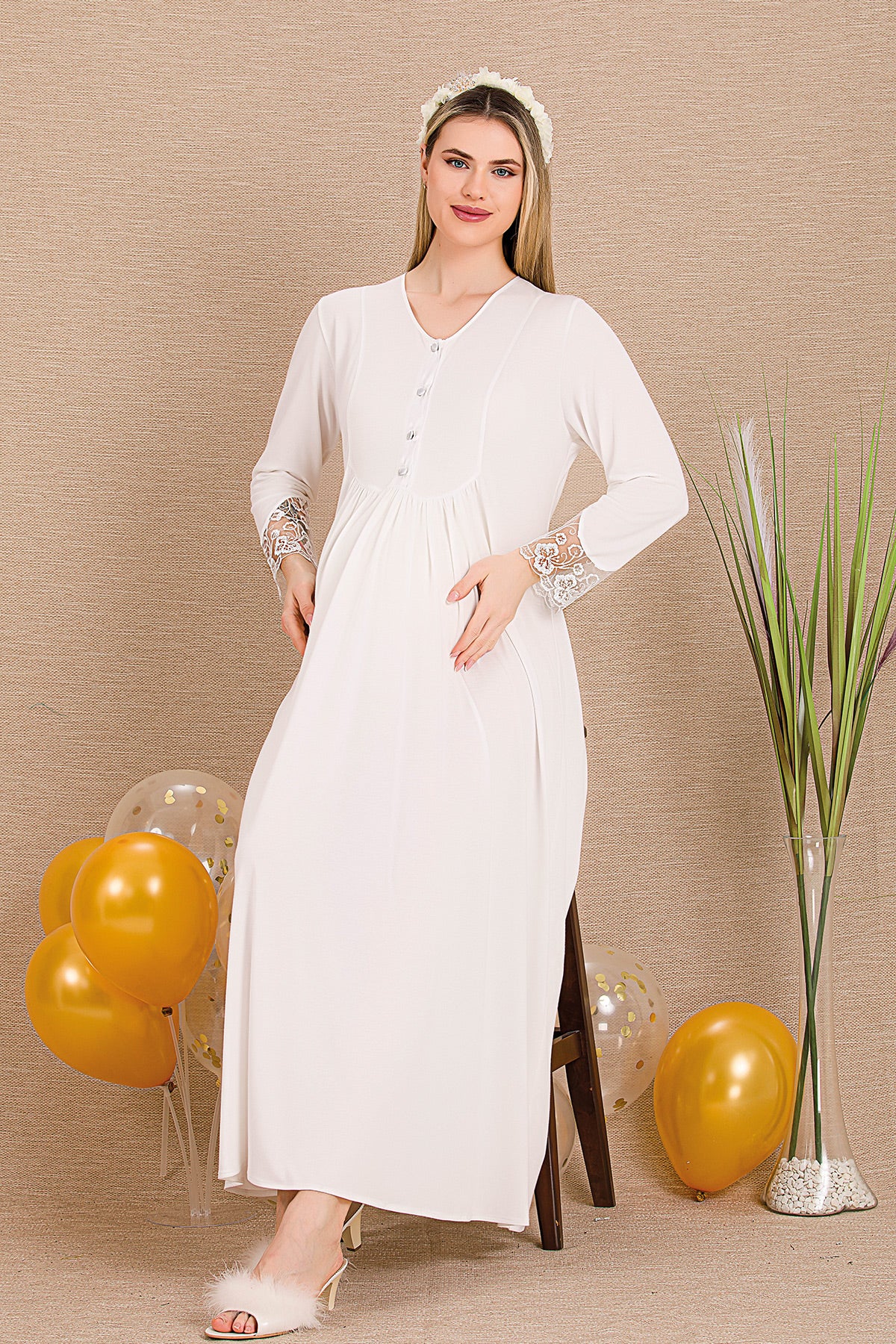 Lace Sleeve and Lace Detailed 4-Piece Maternity Feeding-Friendly Set Ecru - Y503204