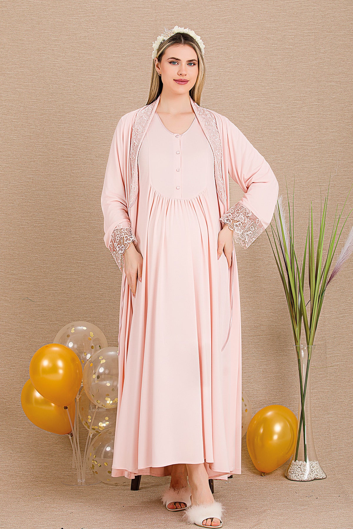 Lace Sleeve and Lace Detailed 4-Piece Maternity Feeding-Friendly Set Pink - Y503204