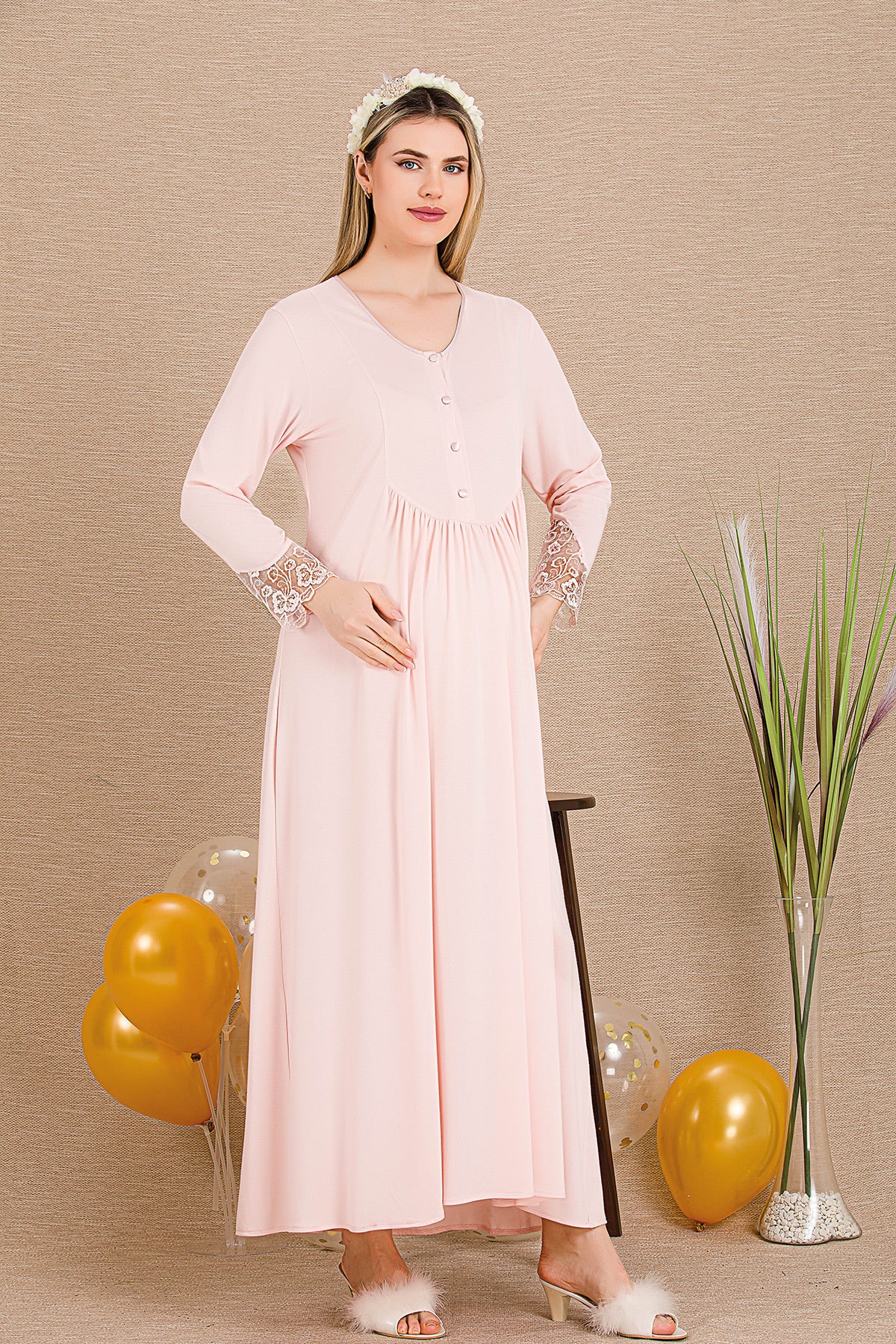 Lace Sleeve Maternity Feeding-Friendly Nightgown & Lace Detailed Robe Set Pink - Y33503