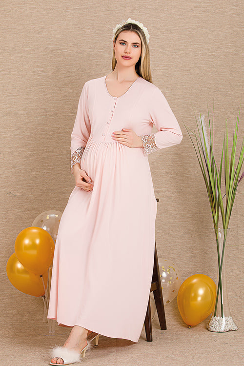 Lace Sleeve and Lace Detailed 4-Piece Maternity Feeding-Friendly Set Pink - Y503204
