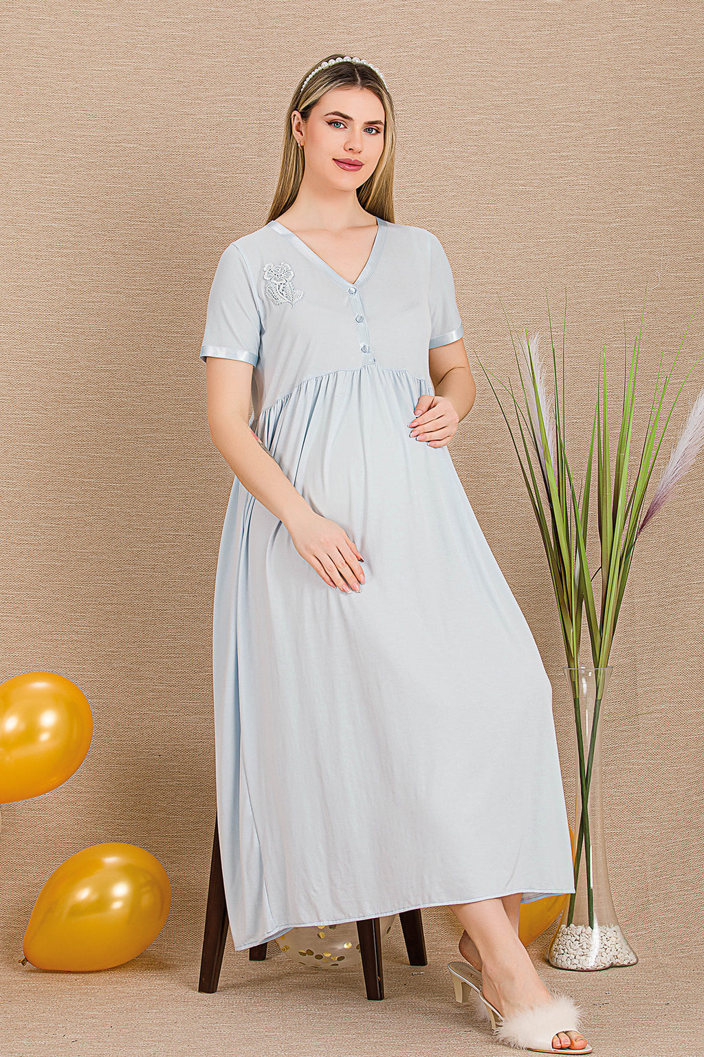 Embroidered Maternity Feeding-Friendly Nightgown Blue - Y33400