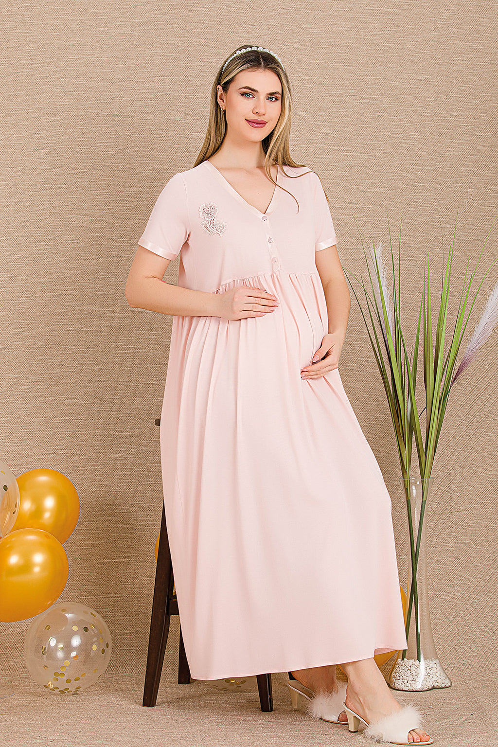 Embroidered Maternity Feeding-Friendly Nightgown Pink - Y33400