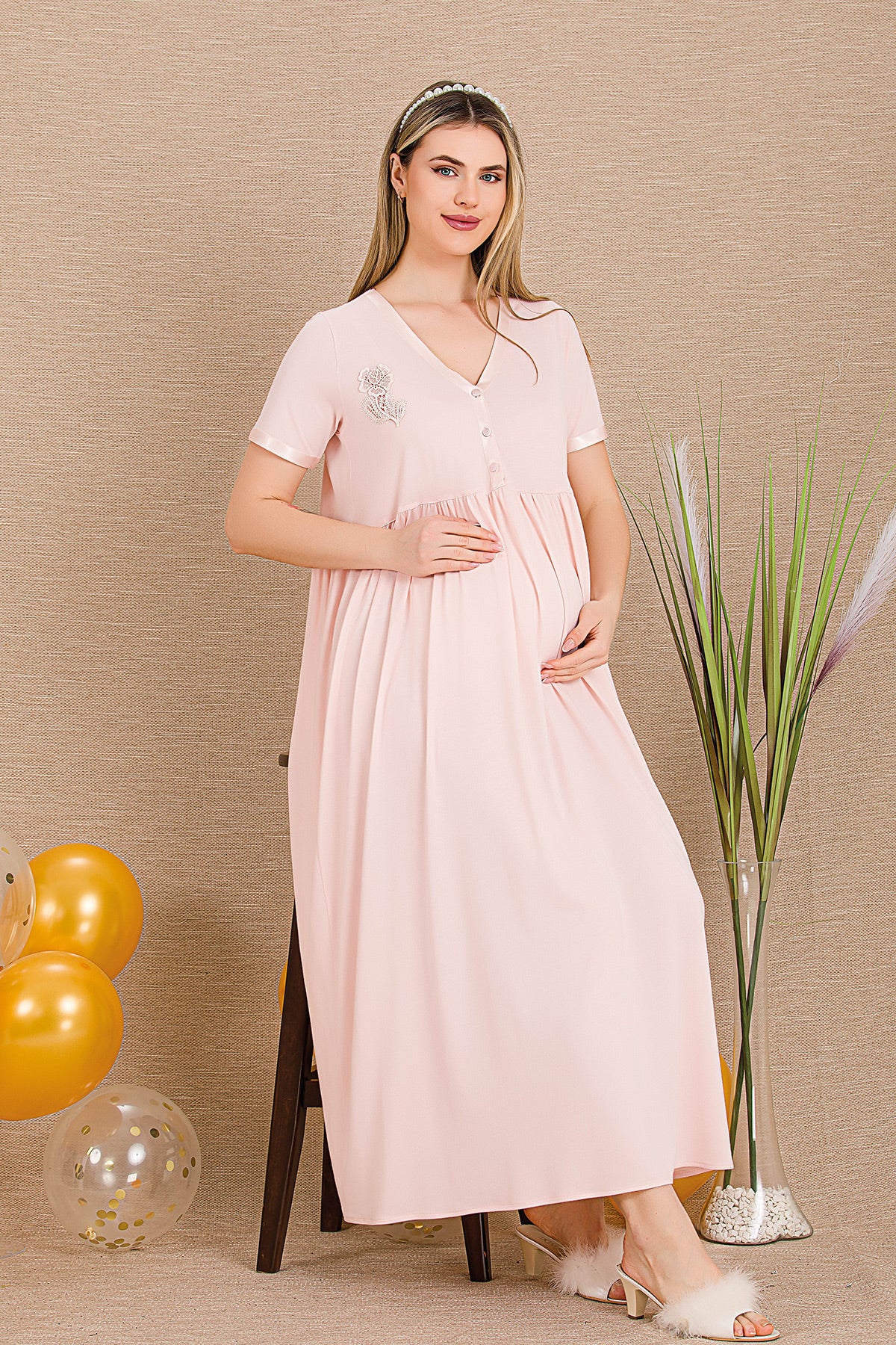 Embroidered Maternity Feeding-Friendly Nightgown & Lace Sleeve Robe Set Pink - Y33504
