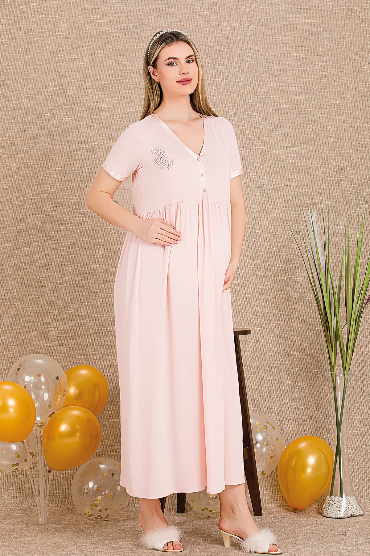 Embroidered Maternity Feeding-Friendly Nightgown & Lace Sleeve Robe Set Pink - Y33504