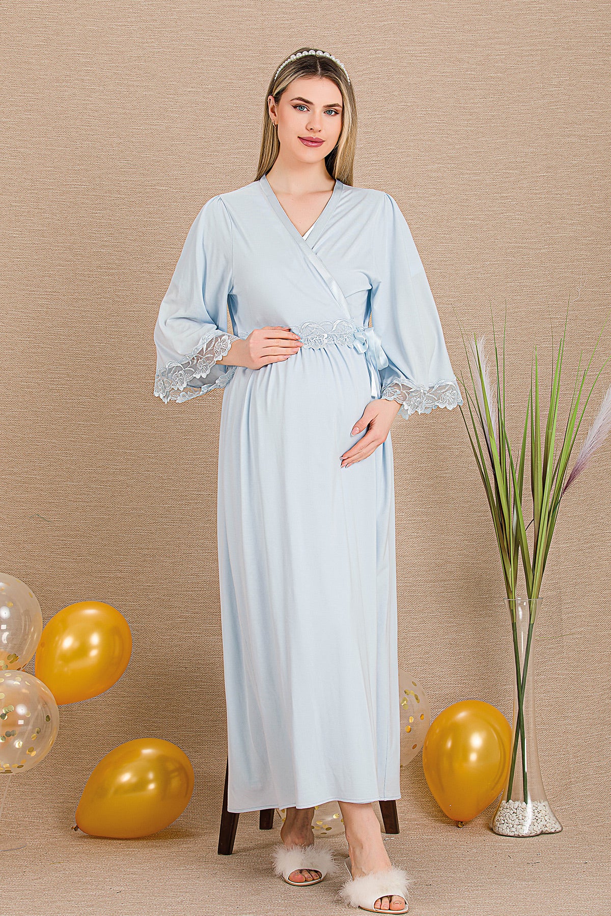 Embroidered Maternity Feeding-Friendly Nightgown & Lace Sleeve Robe Set Blue - Y33504