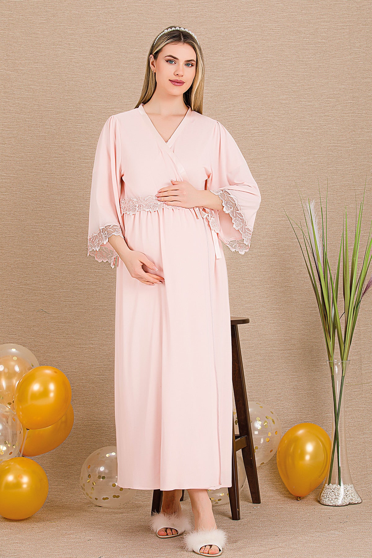Embroidered Maternity Feeding-Friendly Nightgown & Lace Sleeve Robe Set Pink - Y33504