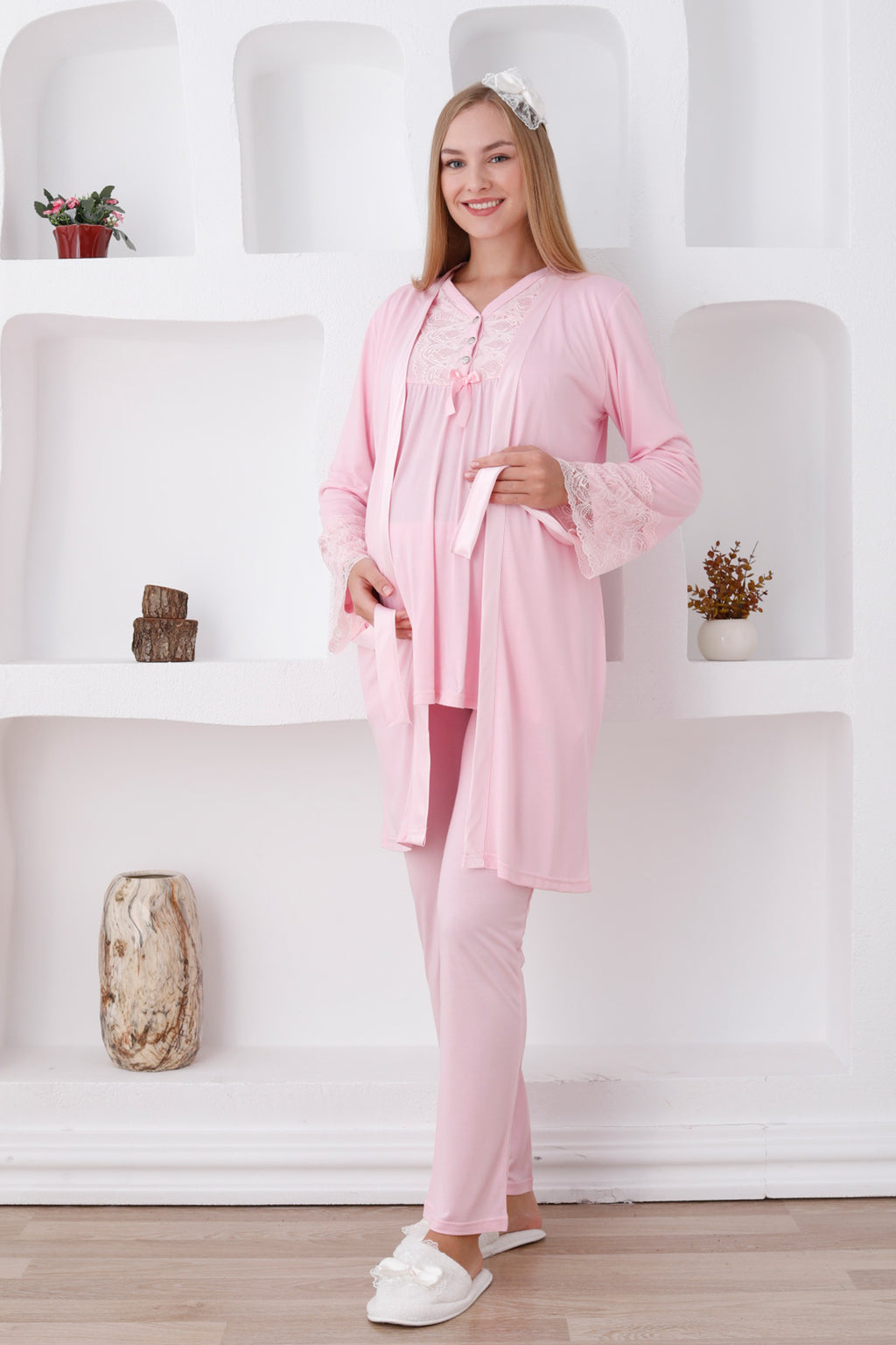 Lace Sleeve and Collar 3-Piece Maternity Feeding-Friendly Pajama & Robe Set Pink - Z3424