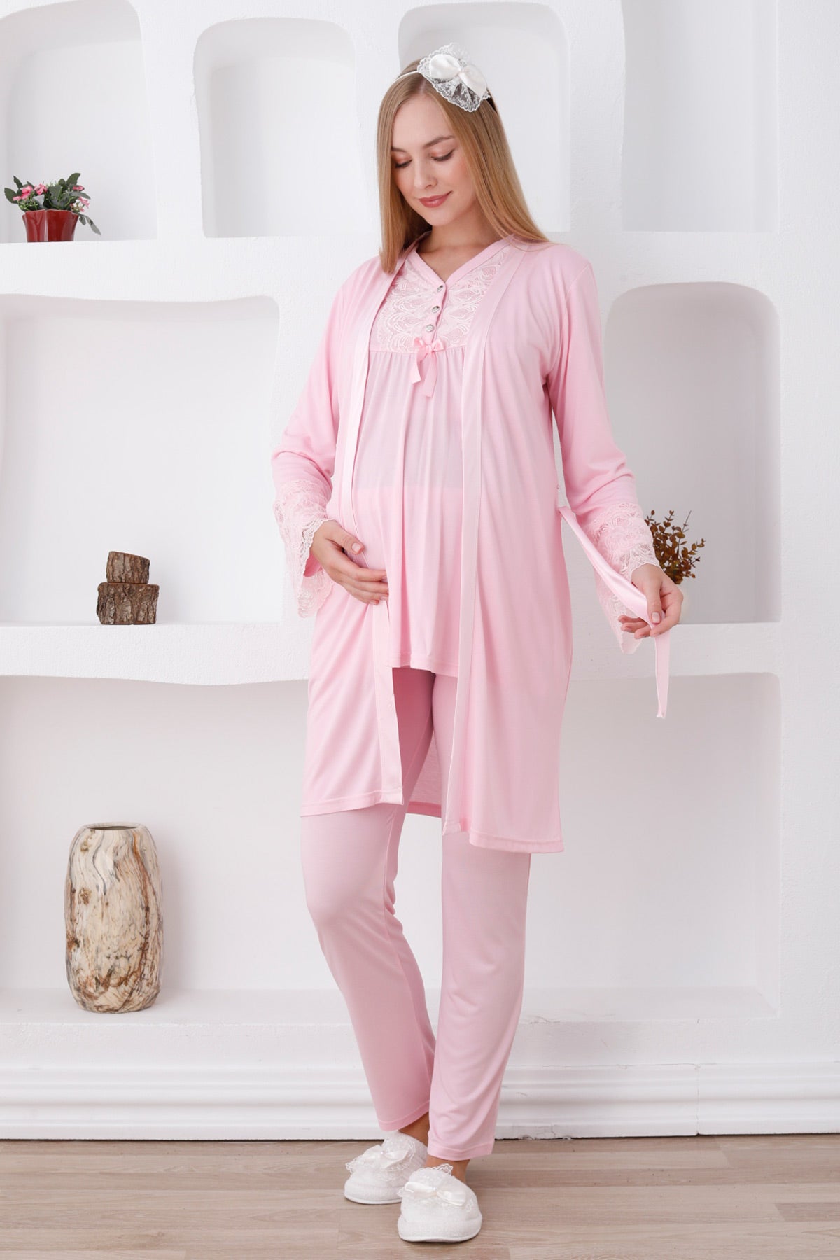 Lace Sleeve and Collar 3-Piece Maternity Feeding-Friendly Pajama & Robe Set Pink - Z3424