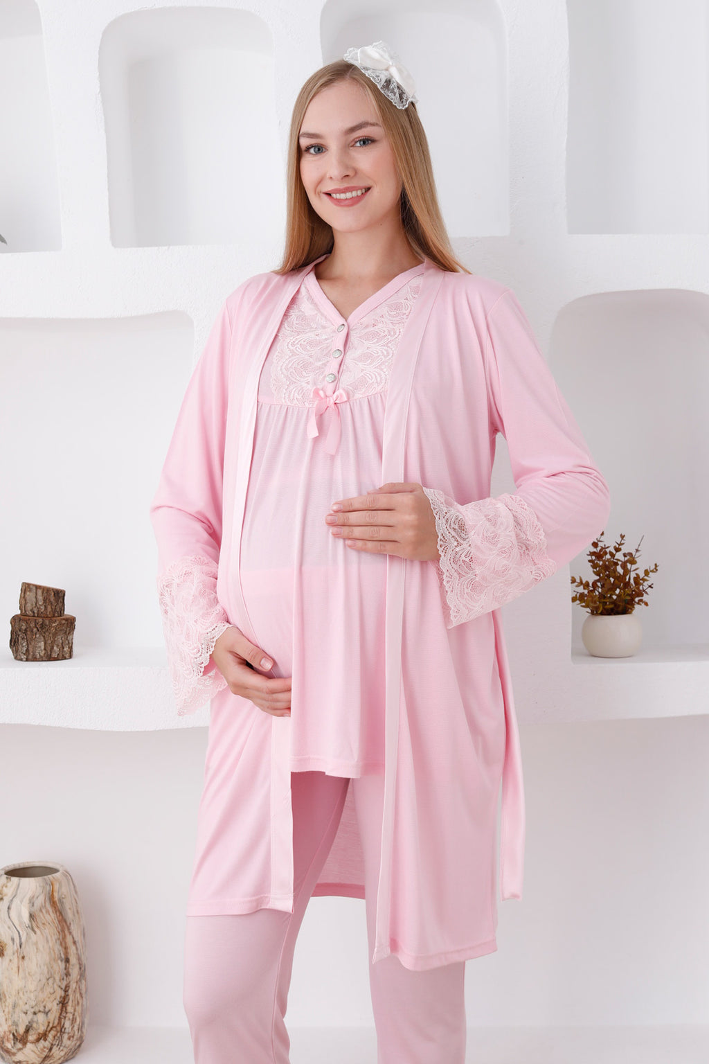 Lace Sleeve and Collar 3-Piece Maternity Feeding-Friendly Pajama & Robe Set Pink - Z3424