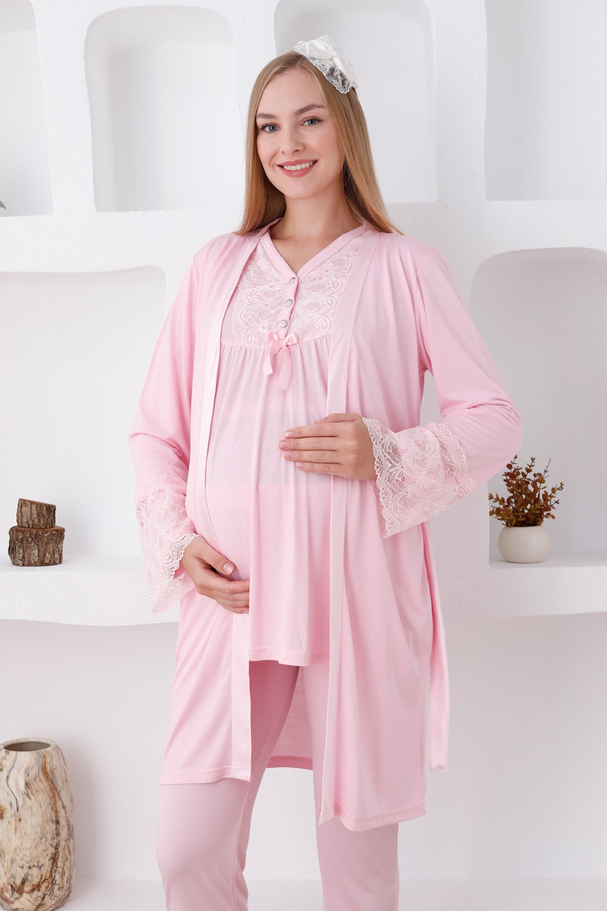 Lace Sleeve and Collar 3-Piece Maternity Feeding-Friendly Pajama & Robe Set Pink - Z3424