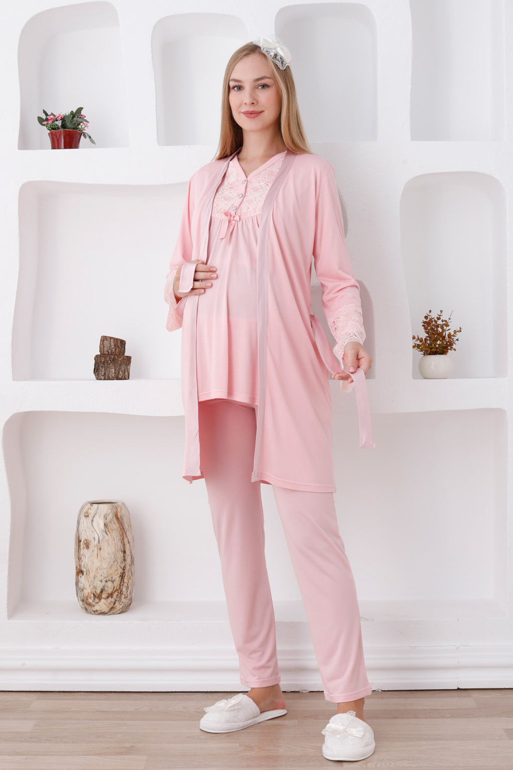 Lace Sleeve and Collar 3-Piece Maternity Feeding-Friendly Pajama & Robe Set Salmon - Z3424