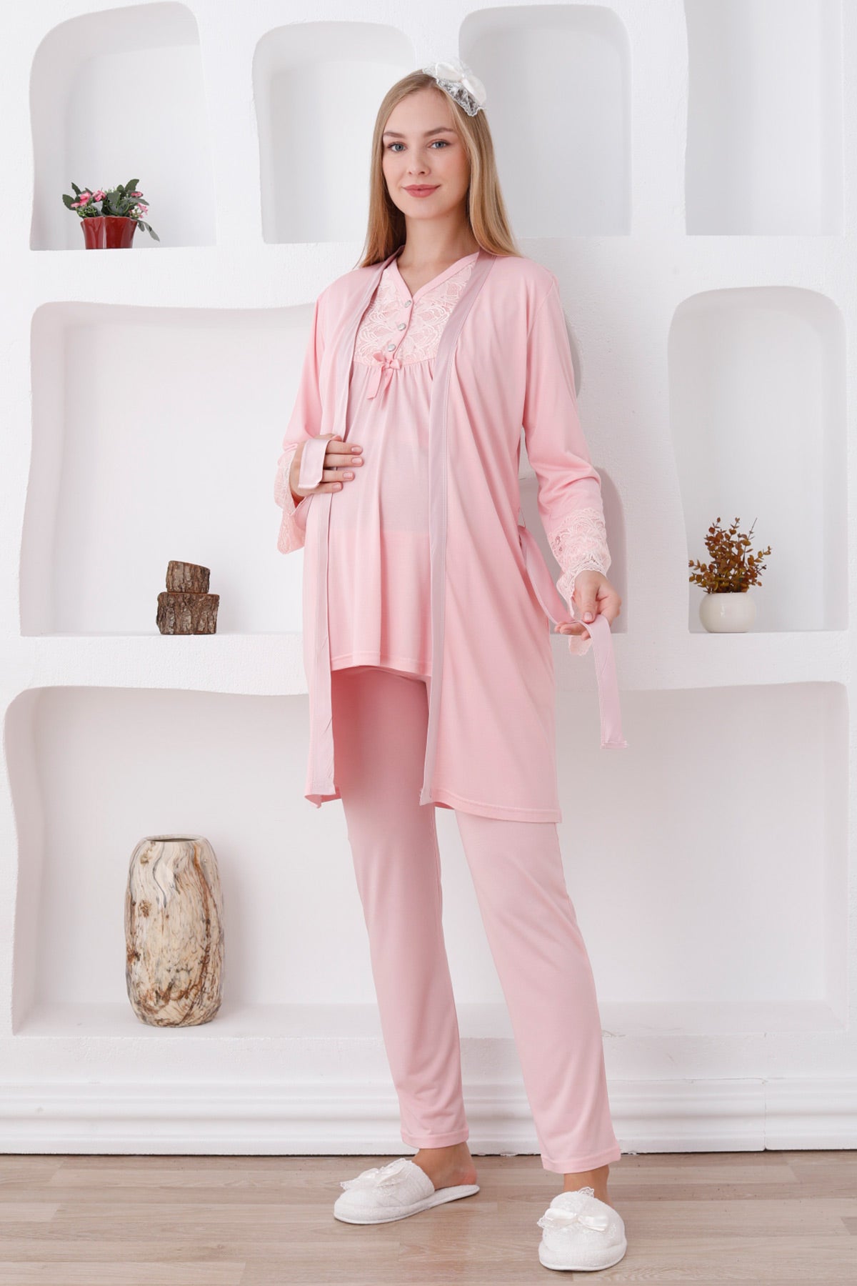 Lace Sleeve and Collar 3-Piece Maternity Feeding-Friendly Pajama & Robe Set Salmon - Z3424