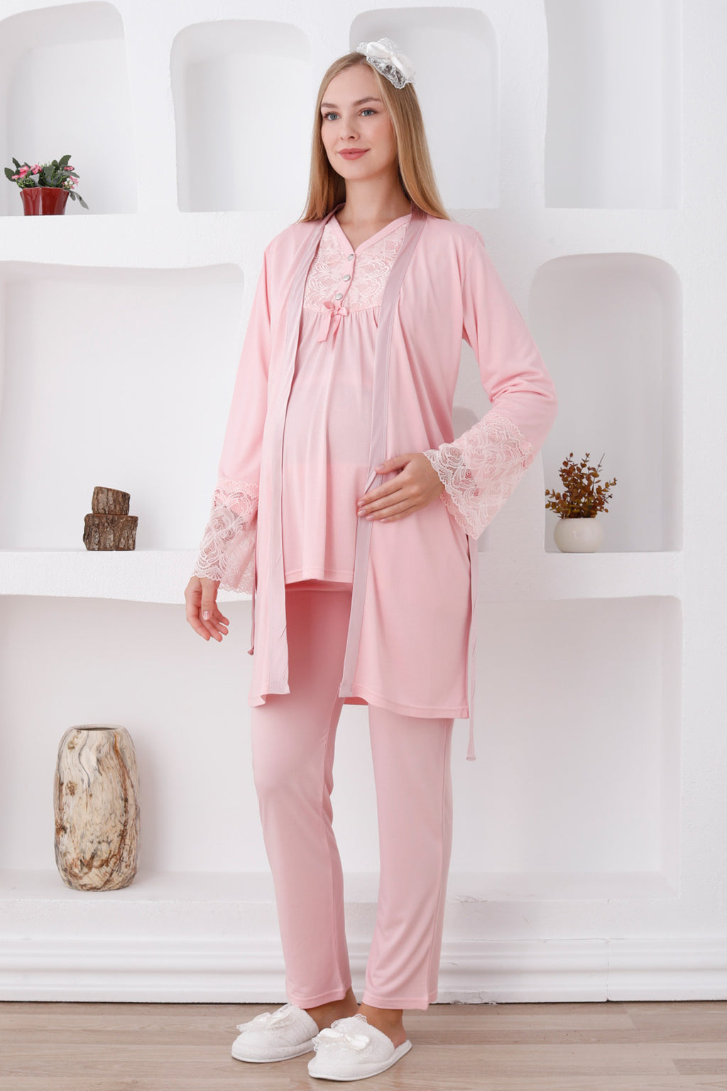 Lace Sleeve and Collar 3-Piece Maternity Feeding-Friendly Pajama & Robe Set Salmon - Z3424