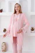 Lace Sleeve and Collar 3-Piece Maternity Feeding-Friendly Pajama & Robe Set Salmon - Z3424