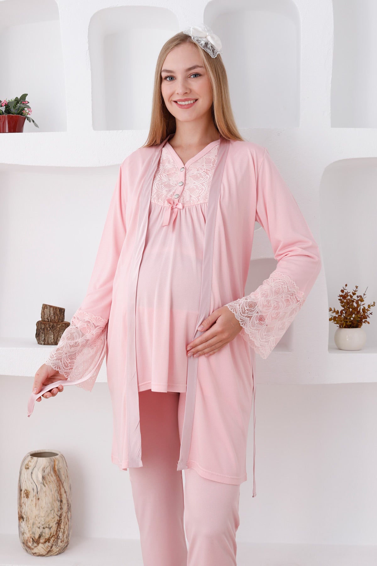 Lace Sleeve and Collar 3-Piece Maternity Feeding-Friendly Pajama & Robe Set Salmon - Z3424
