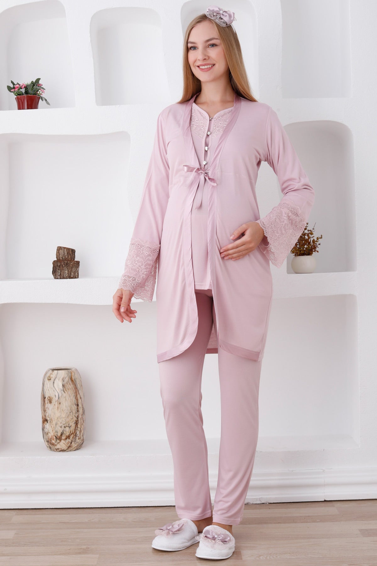 Lace Collar 3-Piece Maternity Feeding-Friendly Pajama & Lace Sleeve Robe Set Powder - Z3426