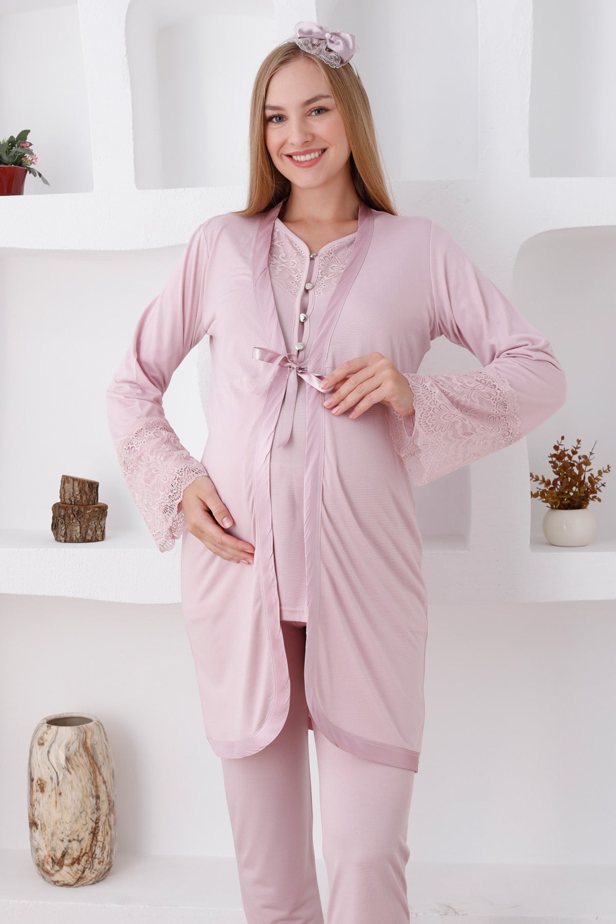 Lace Collar 3-Piece Maternity Feeding-Friendly Pajama & Lace Sleeve Robe Set Powder - Z3426