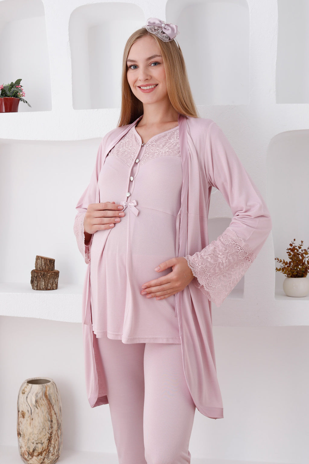 Lace Collar 3-Piece Maternity Feeding-Friendly Pajama & Lace Sleeve Robe Set Powder - Z3426