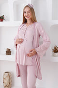 Lace Collar 3-Piece Maternity Feeding-Friendly Pajama & Lace Sleeve Robe Set Powder - Z3426