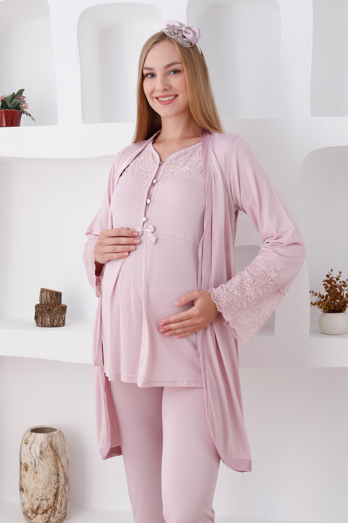 Lace Collar 3-Piece Maternity Feeding-Friendly Pajama & Lace Sleeve Robe Set Powder - Z3426