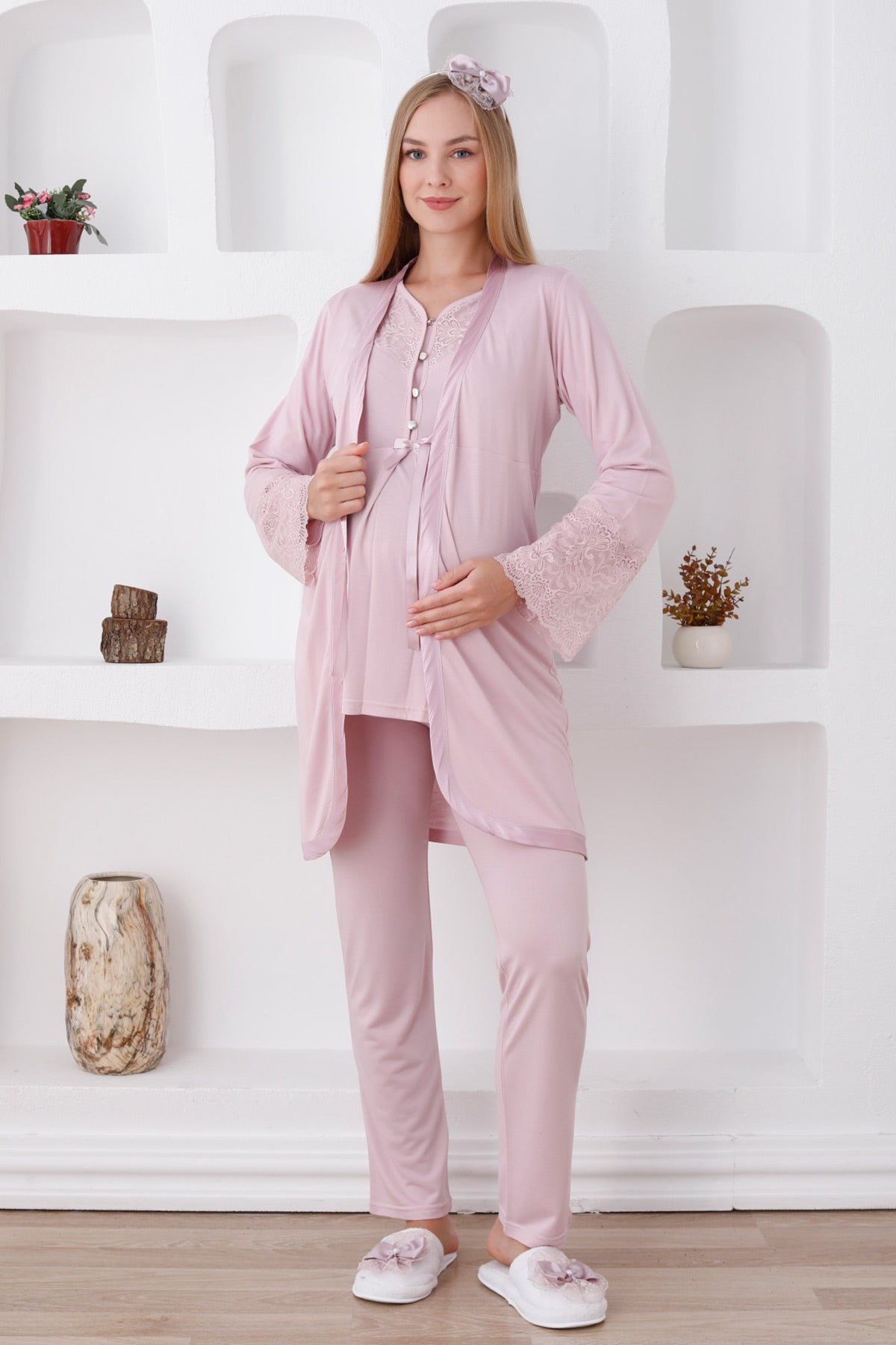 Lace Collar 3-Piece Maternity Feeding-Friendly Pajama & Lace Sleeve Robe Set Powder - Z3426