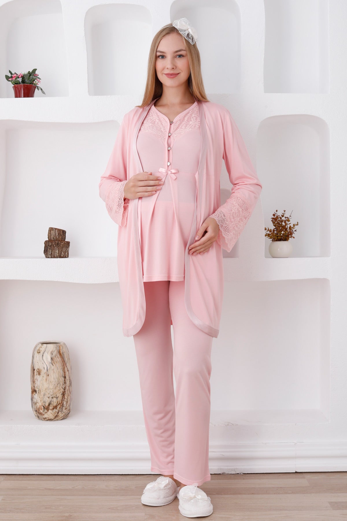 Lace Collar 3-Piece Maternity Feeding-Friendly Pajama & Lace Sleeve Robe Set Salmon - Z3426