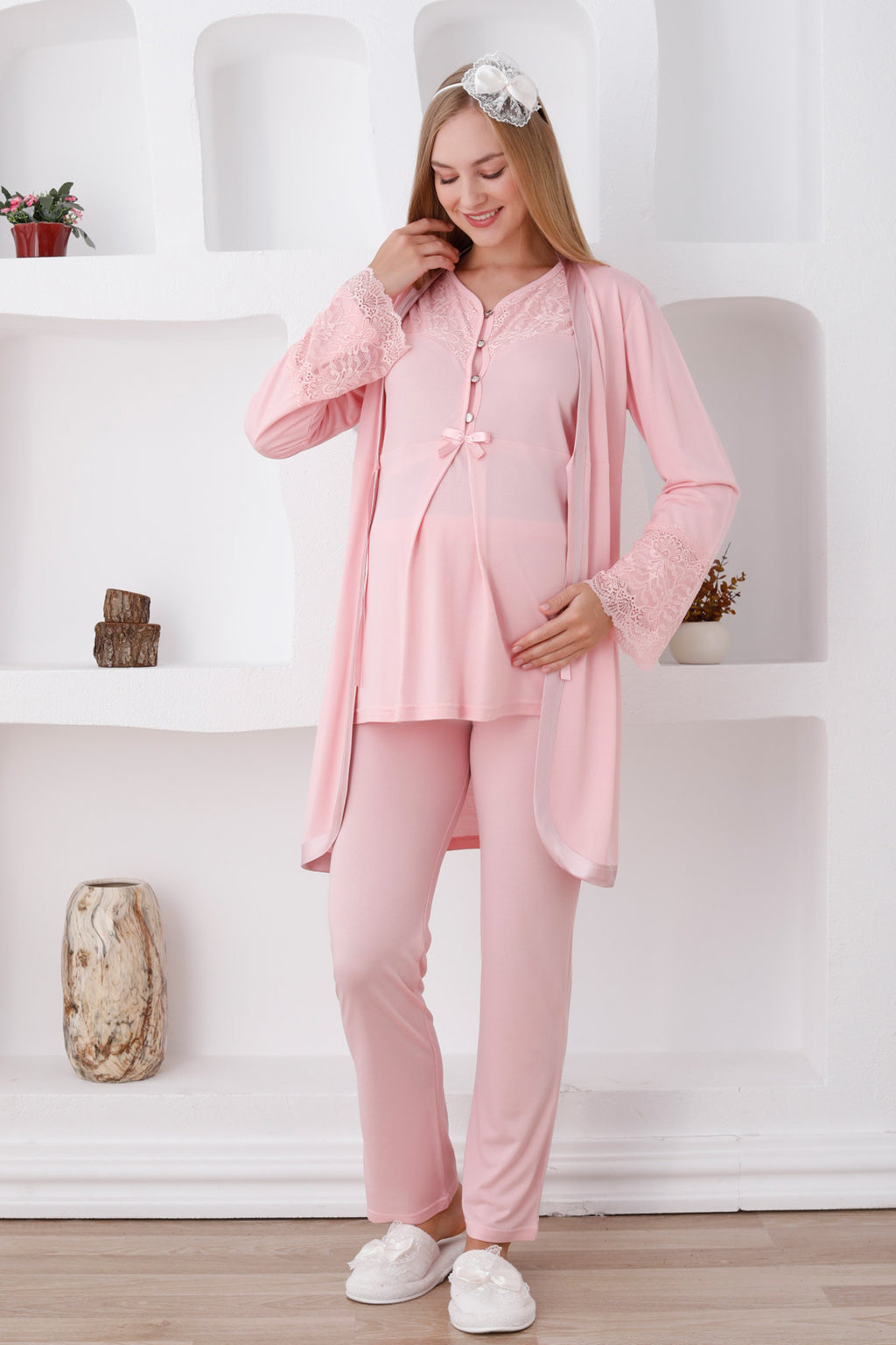 Lace Collar 3-Piece Maternity Feeding-Friendly Pajama & Lace Sleeve Robe Set Salmon - Z3426