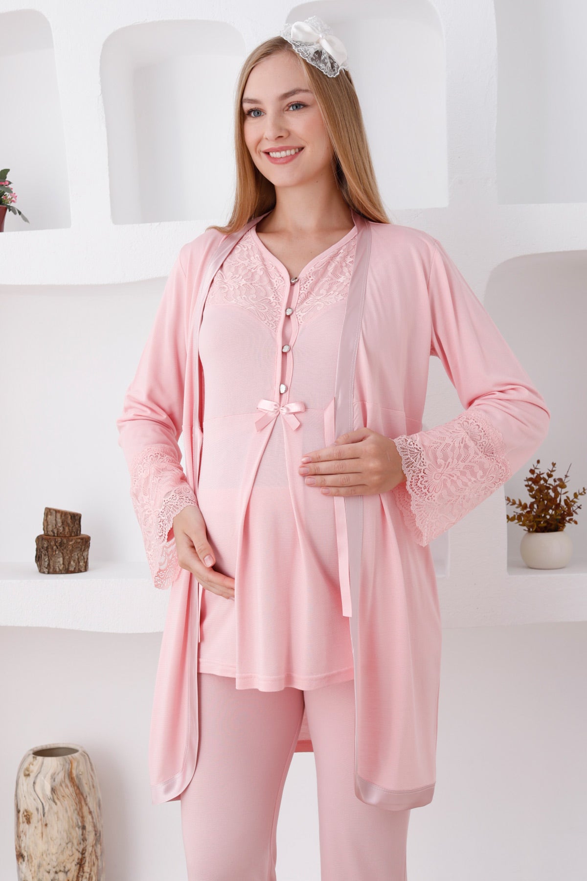 Lace Collar 3-Piece Maternity Feeding-Friendly Pajama & Lace Sleeve Robe Set Salmon - Z3426