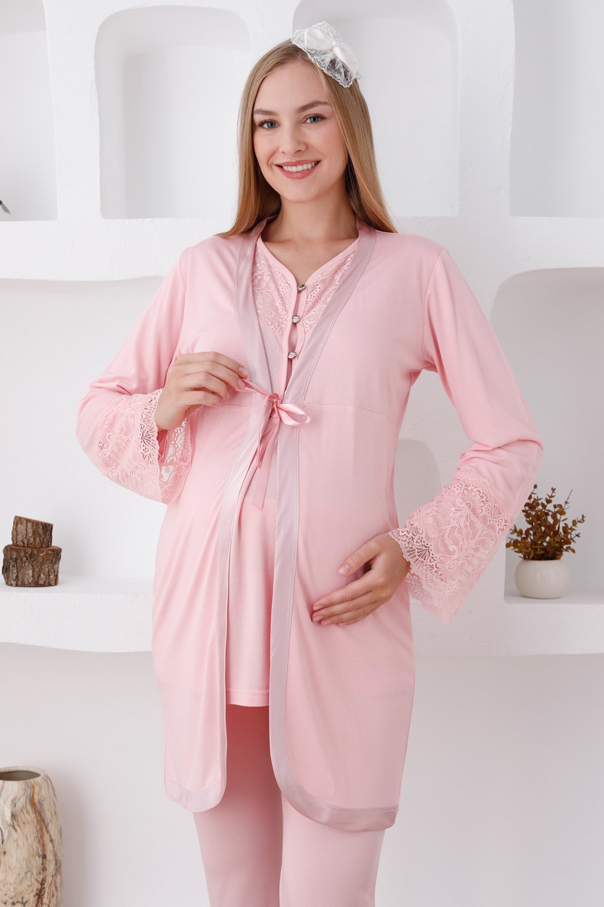 Lace Collar 3-Piece Maternity Feeding-Friendly Pajama & Lace Sleeve Robe Set Salmon - Z3426