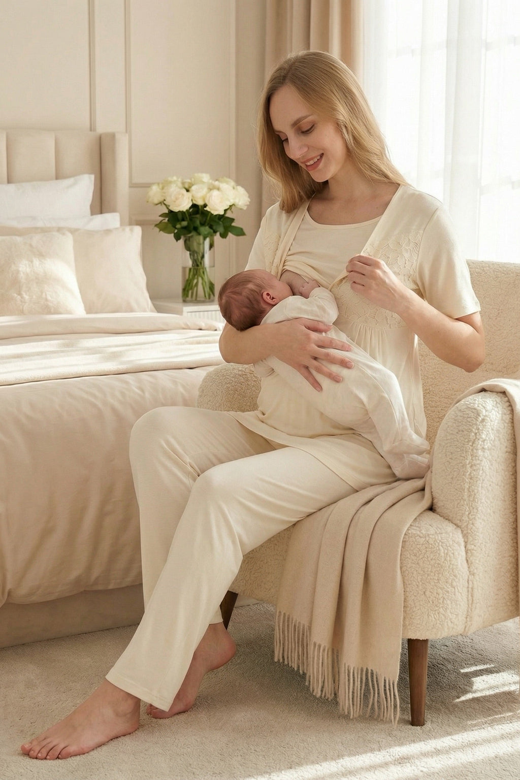Leaf Lacy Collar 3-Piece Maternity Feeding-Friendly Pajama & Leaf Lacy Sleeve Robe Set Ecru - Z3431