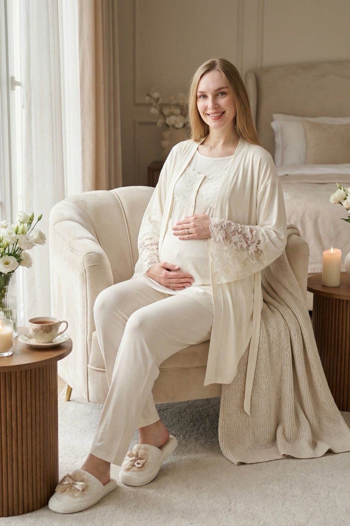Leaf Lacy Collar 3-Piece Maternity Feeding-Friendly Pajama & Leaf Lacy Sleeve Robe Set Ecru - Z3431