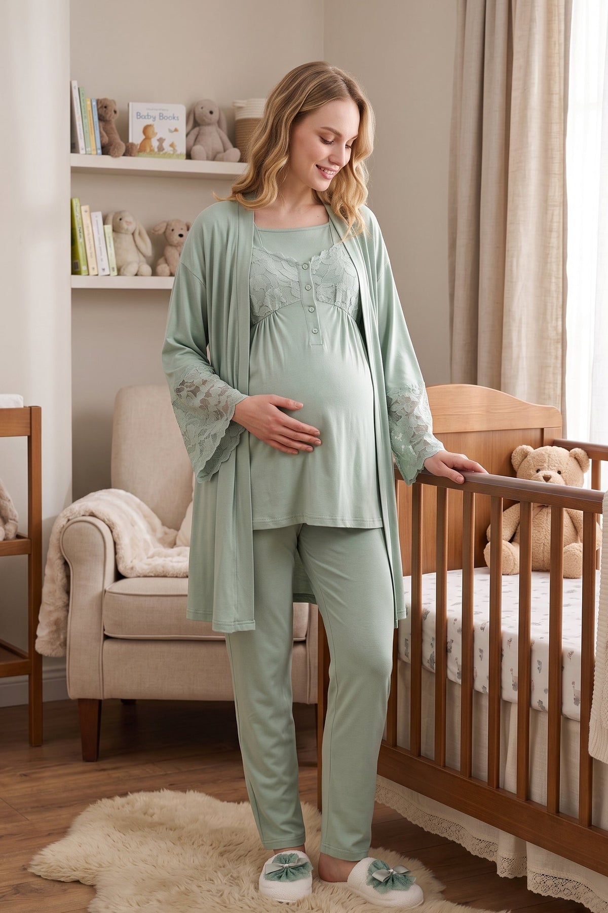 Leaf Lacy Collar 3-Piece Maternity Feeding-Friendly Pajama & Leaf Lacy Sleeve Robe Set Green - Z3431