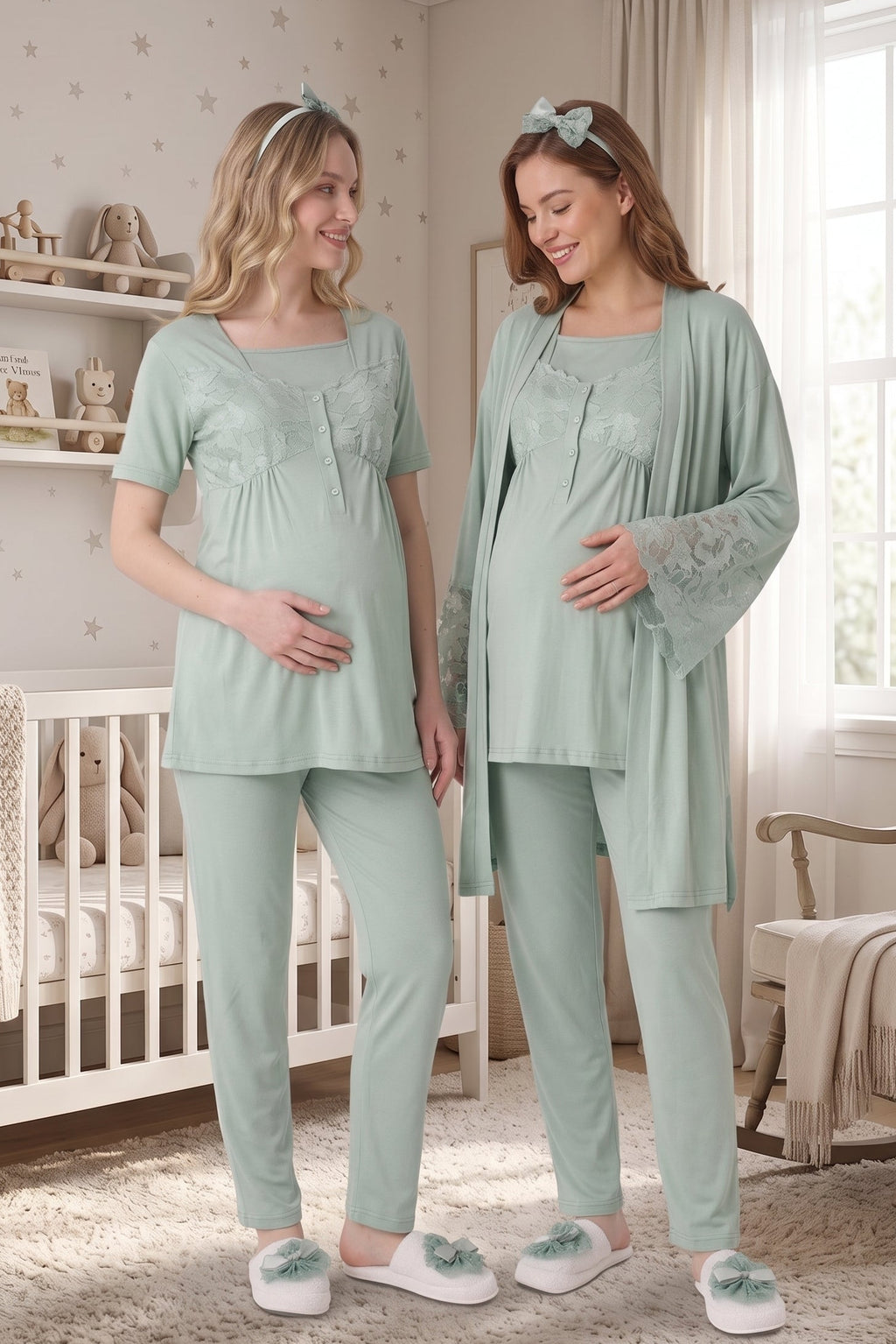 Leaf Lacy Collar 3-Piece Maternity Feeding-Friendly Pajama & Leaf Lacy Sleeve Robe Set Green - Z3431