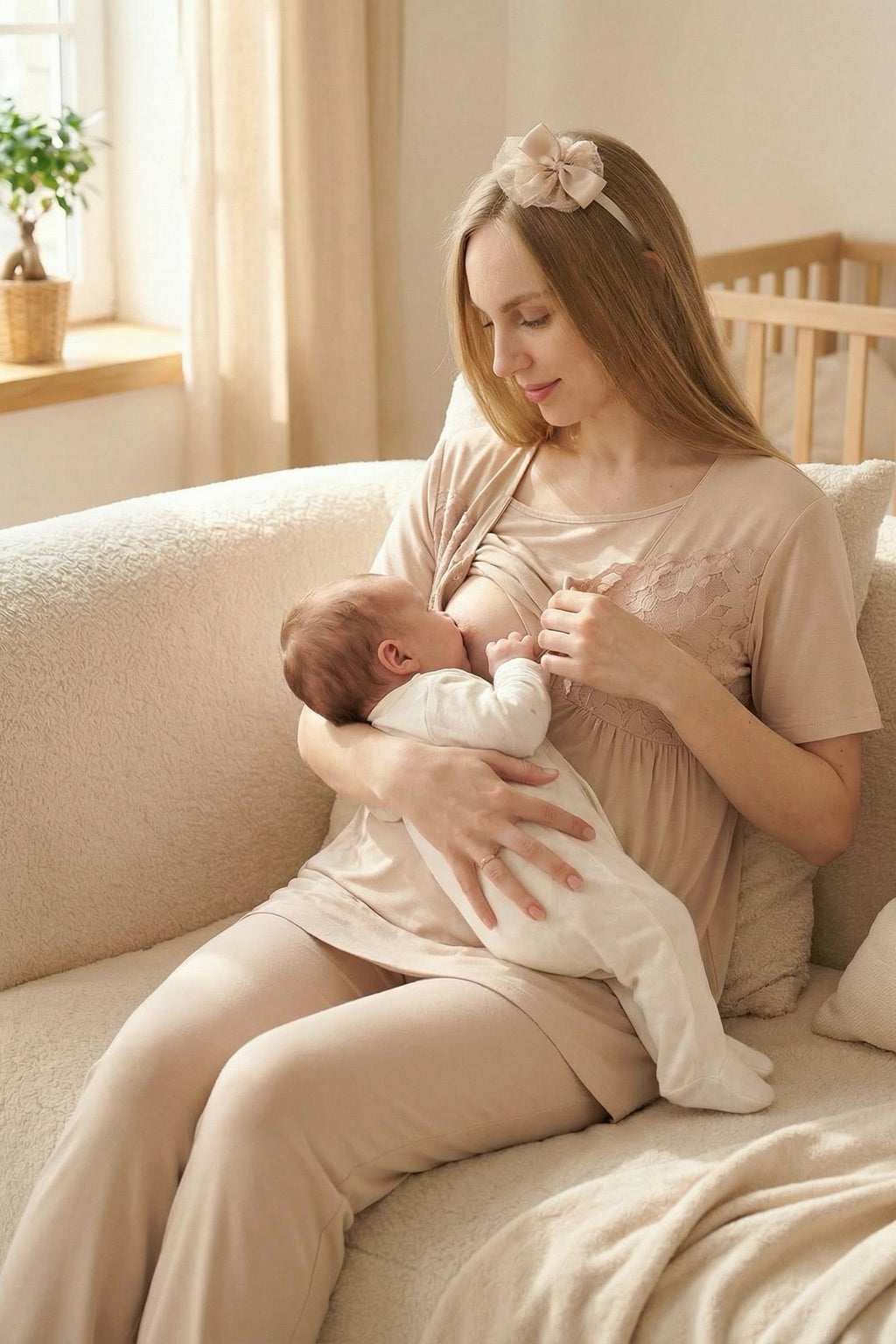 Leaf Lacy Collar 3-Piece Maternity Feeding-Friendly Pajama & Leaf Lacy Sleeve Robe Set Mink - Z3431