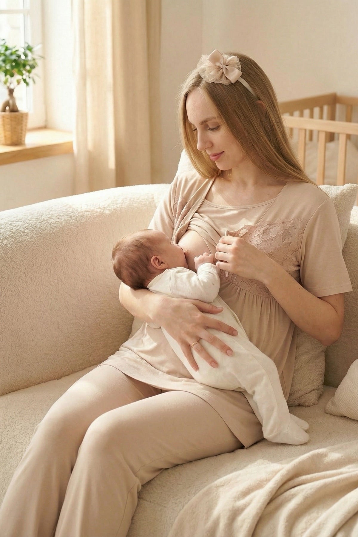 Leaf Lacy Collar 3-Piece Maternity Feeding-Friendly Pajama & Leaf Lacy Sleeve Robe Set Mink - Z3431