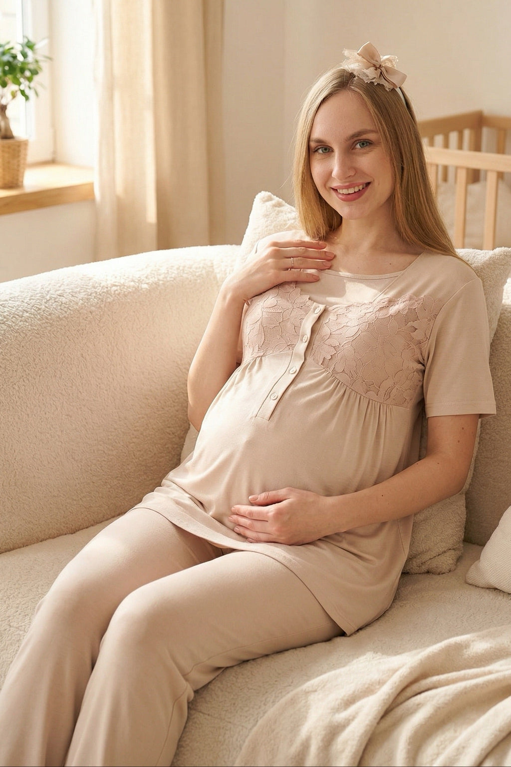 Leaf Lacy Collar 3-Piece Maternity Feeding-Friendly Pajama & Leaf Lacy Sleeve Robe Set Mink - Z3431