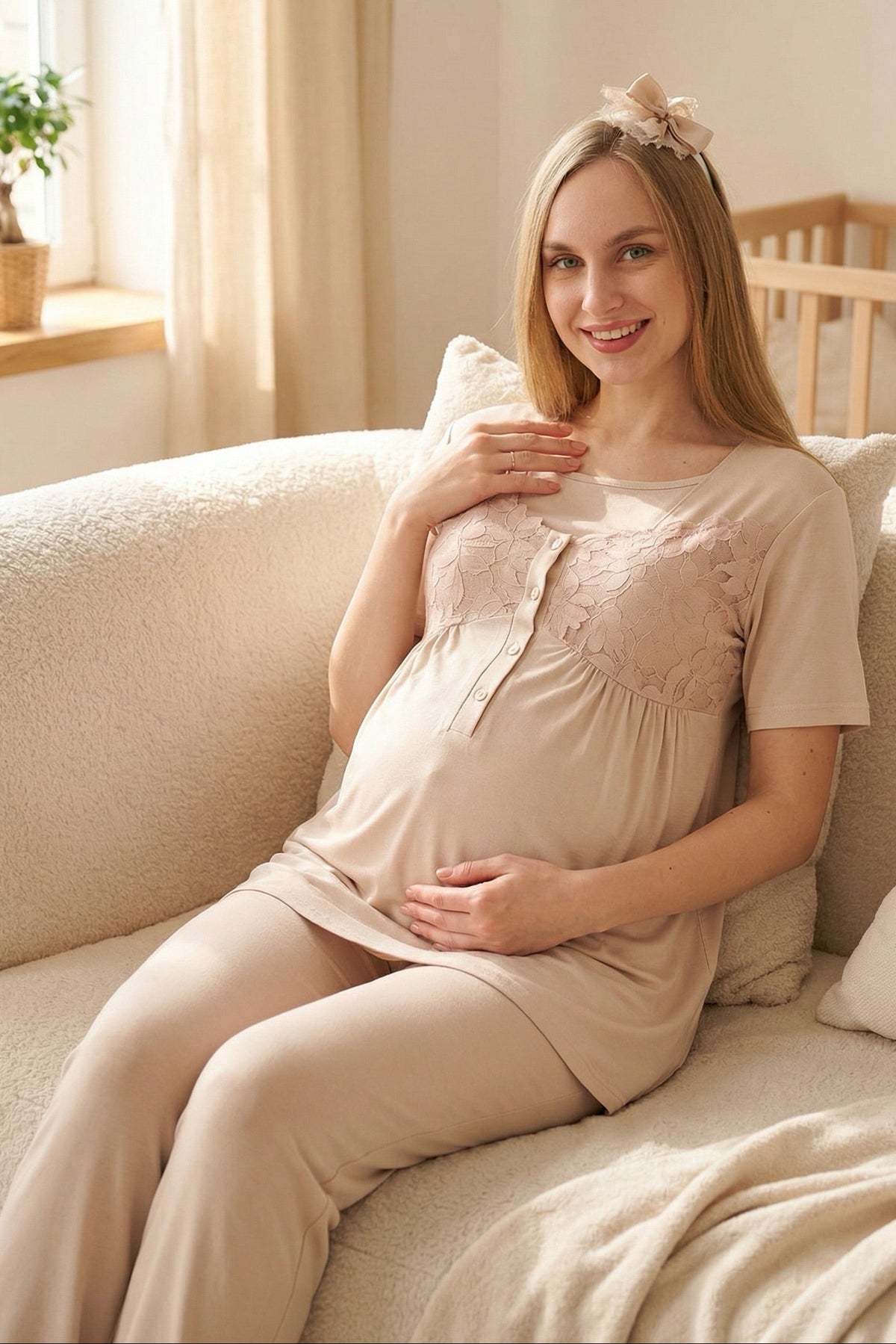 Leaf Lacy Collar 3-Piece Maternity Feeding-Friendly Pajama & Leaf Lacy Sleeve Robe Set Mink - Z3431