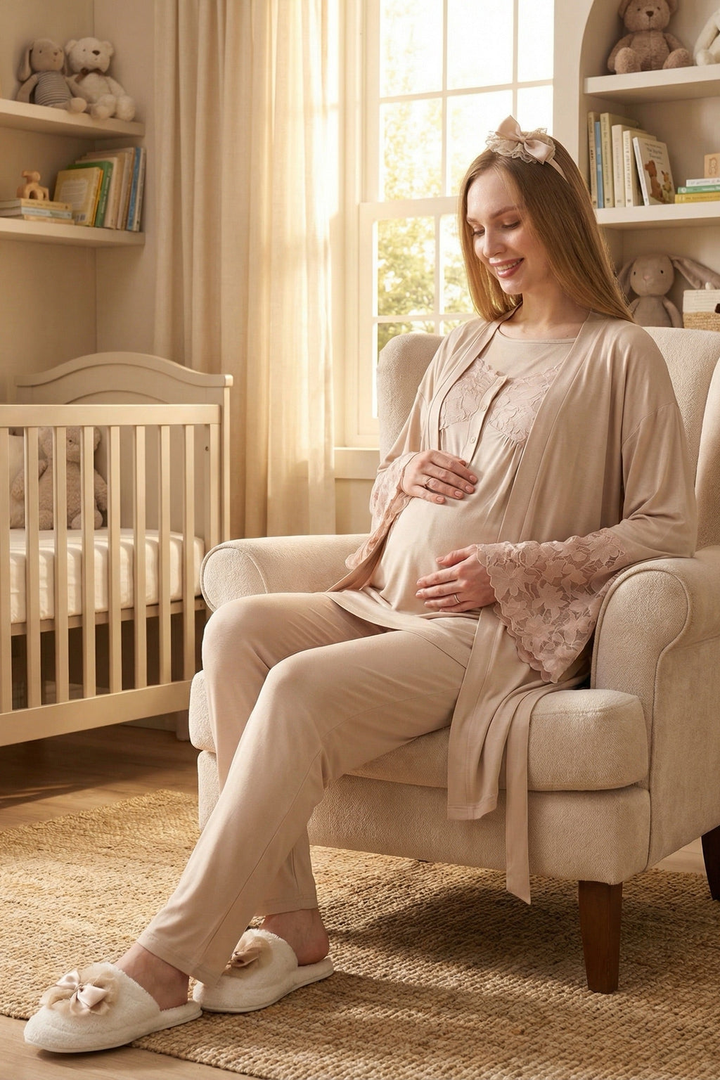 Leaf Lacy Collar 3-Piece Maternity Feeding-Friendly Pajama & Leaf Lacy Sleeve Robe Set Mink - Z3431