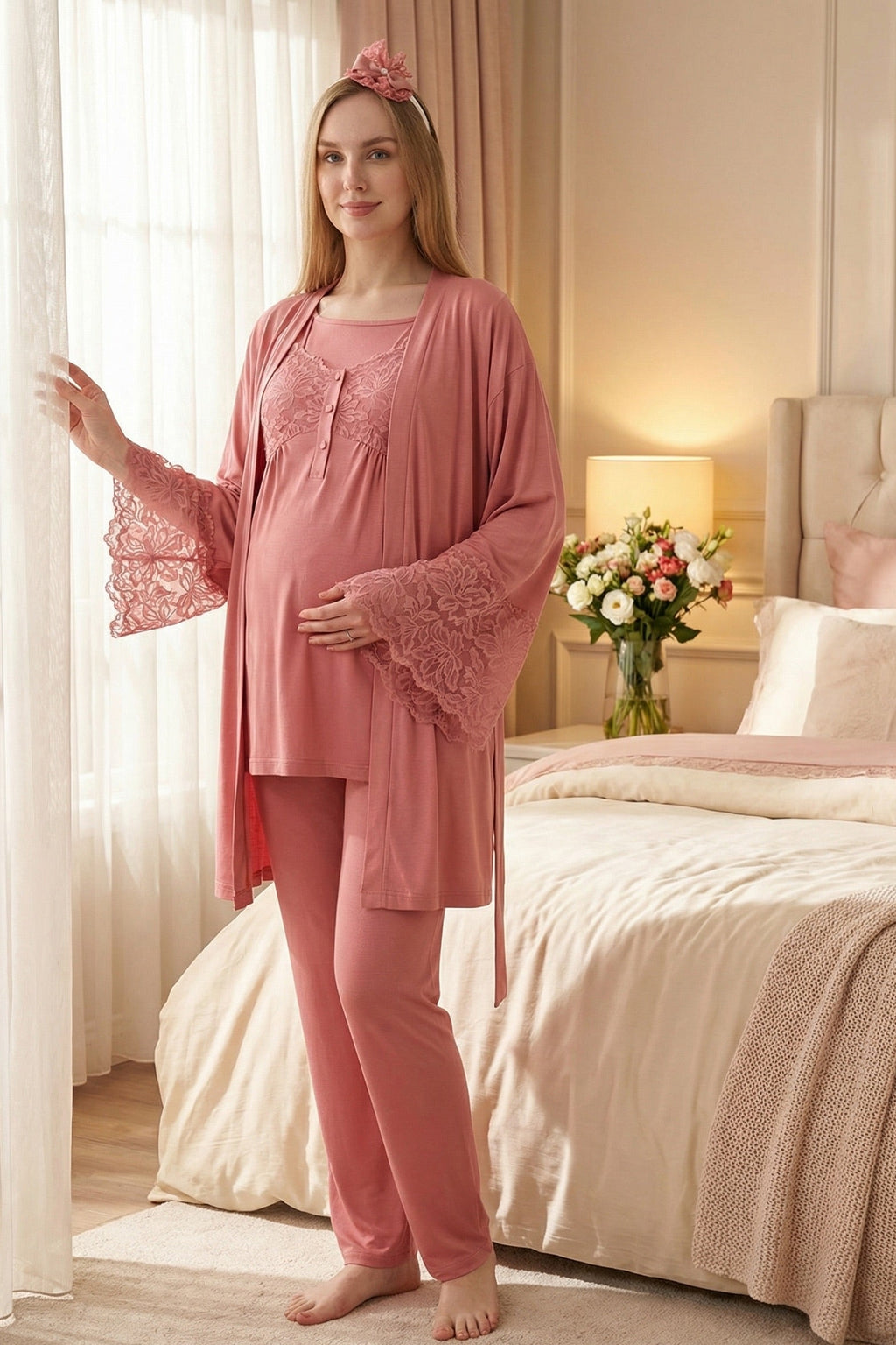 Leaf Lacy Collar 3-Piece Maternity Feeding-Friendly Pajama & Leaf Lacy Sleeve Robe Set Pomegranate Red - Z3431