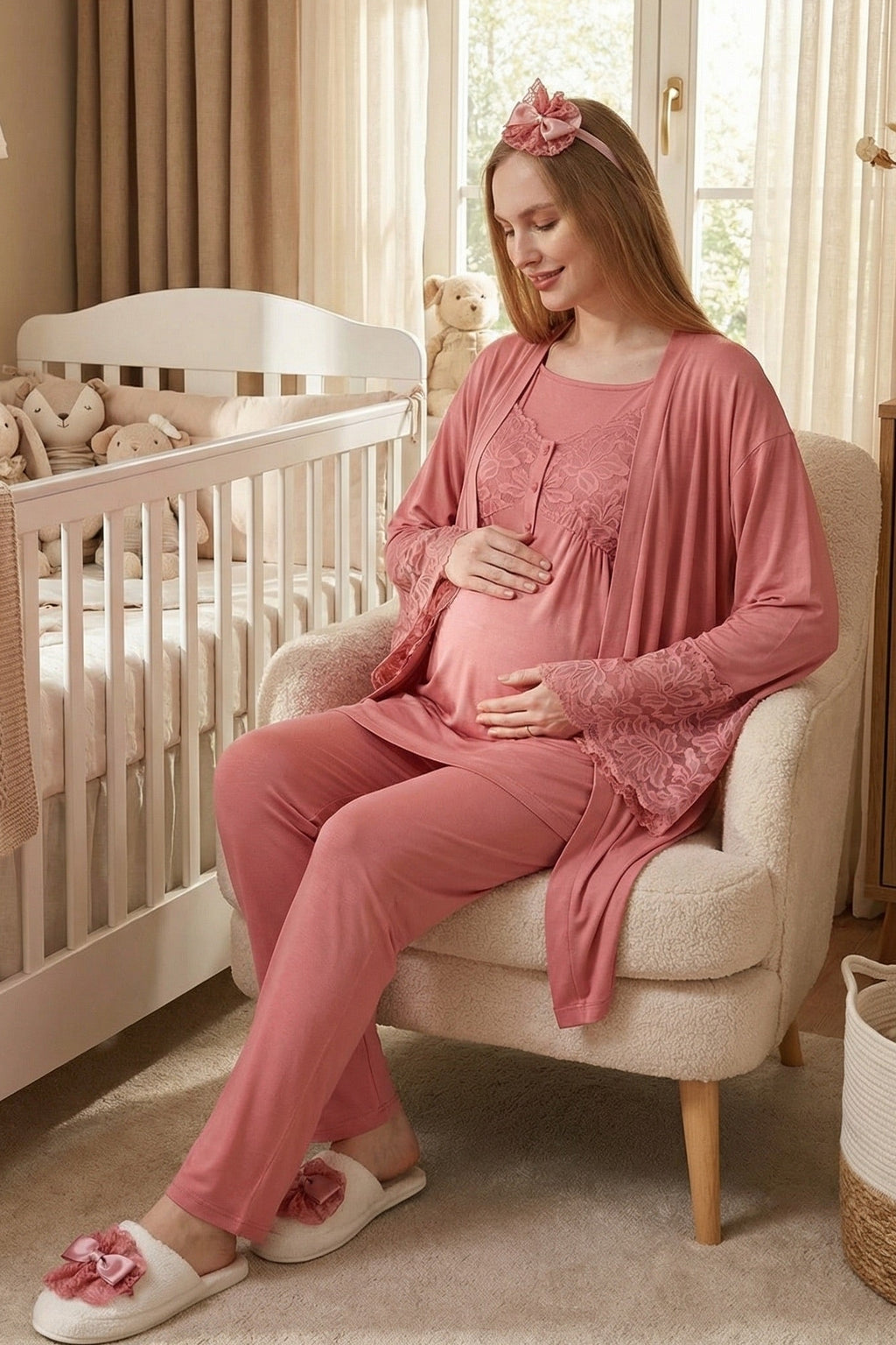 Leaf Lacy Collar 3-Piece Maternity Feeding-Friendly Pajama & Leaf Lacy Sleeve Robe Set Pomegranate Red - Z3431