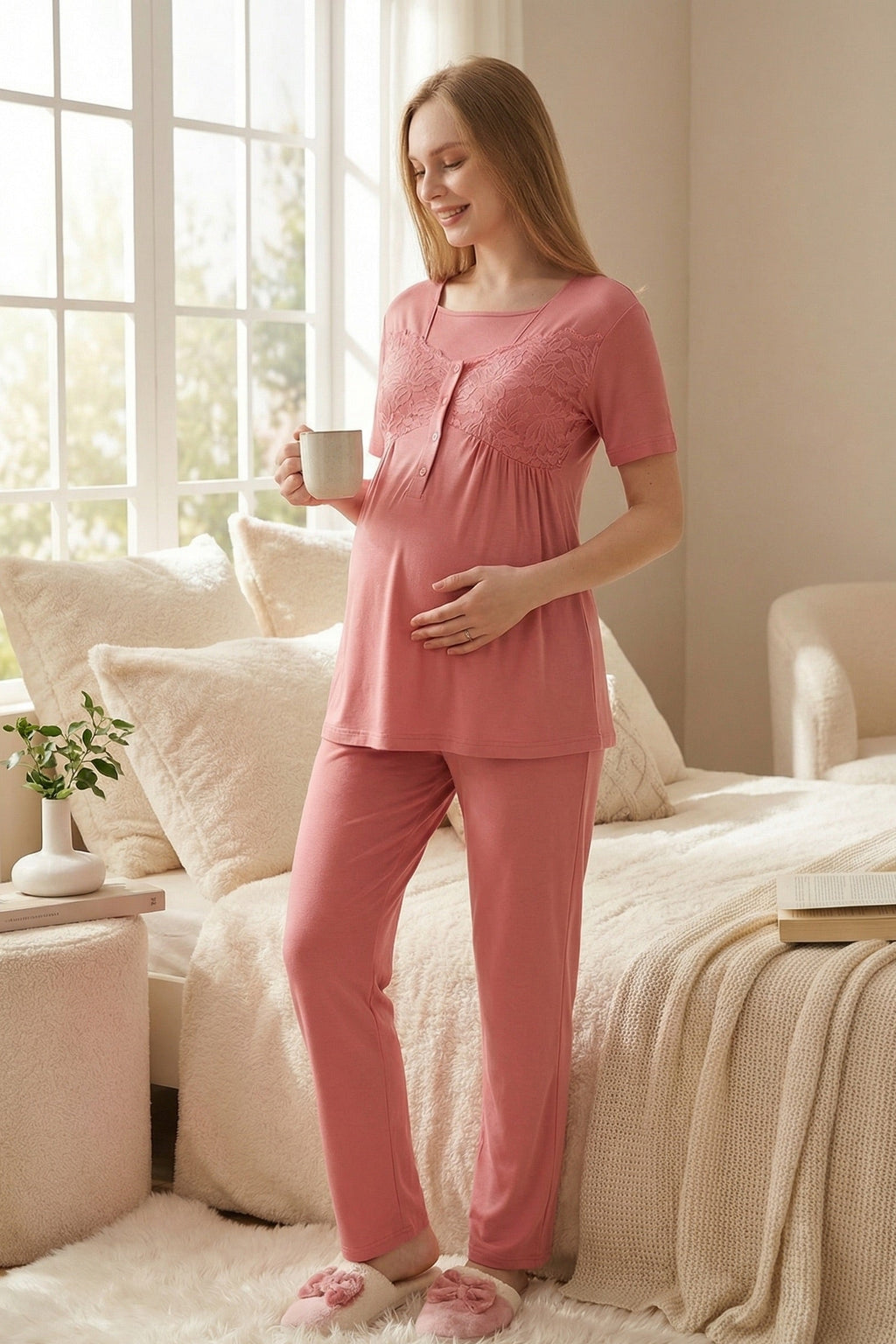 Leaf Lacy Collar 3-Piece Maternity Feeding-Friendly Pajama & Leaf Lacy Sleeve Robe Set Pomegranate Red - Z3431